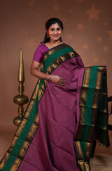 Dust pink plain chettinad cotton saree with contrast bentex zari border and striped pallu