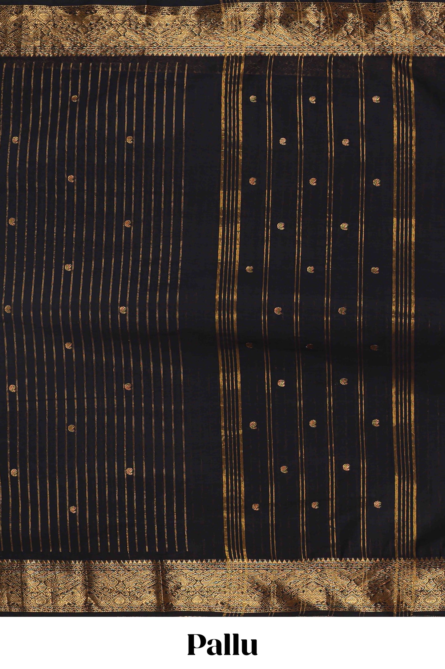 Black striped zari butta chettinad cotton saree with self zari border and matching pallu