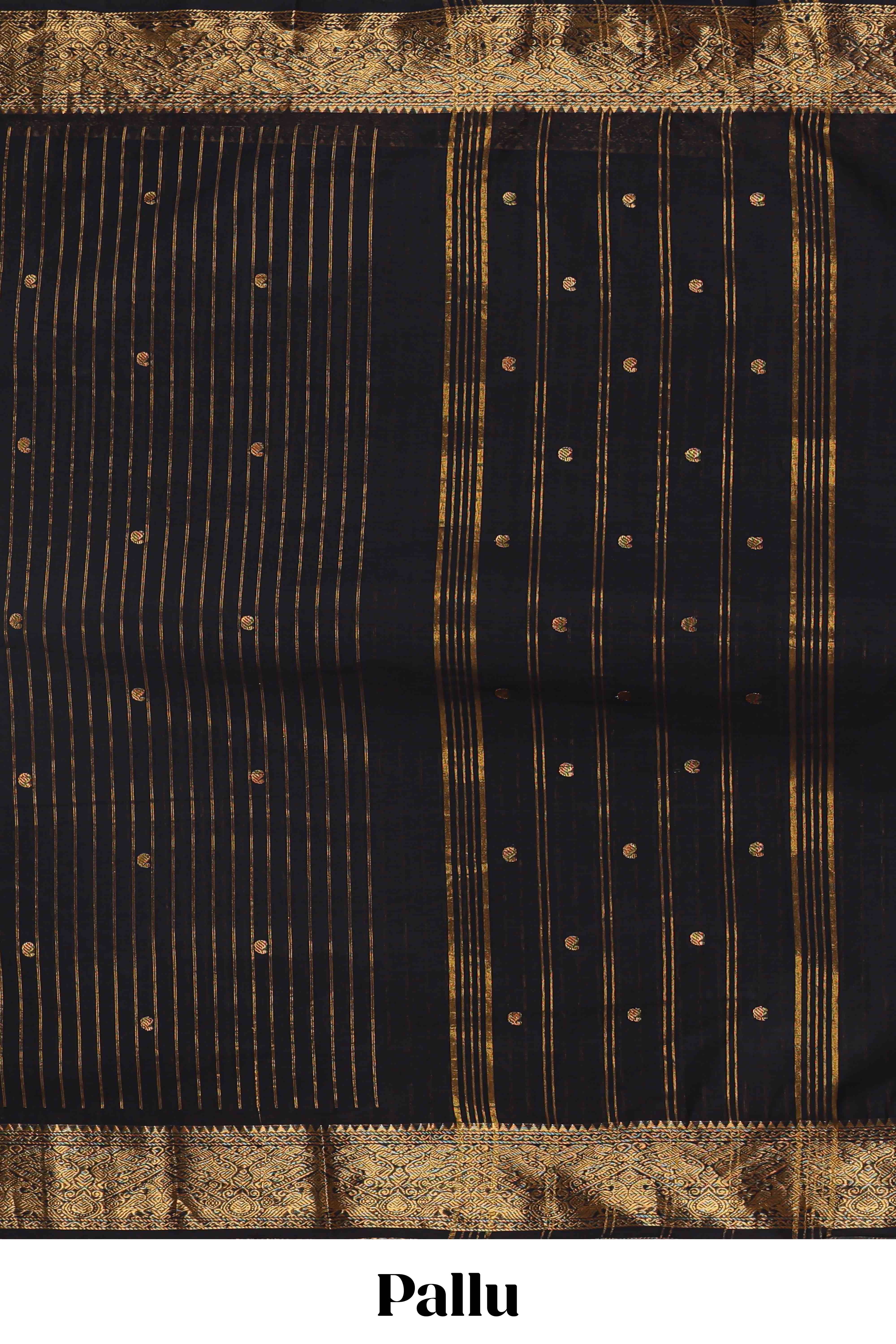 Black striped zari butta chettinad cotton saree with self zari border and matching pallu