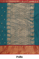 Midnight green zari butta chettinad cotton saree with contrast zari border and matching pallu