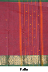 Maroon butta chettinad cotton saree with contrast zari border and matching blouse
