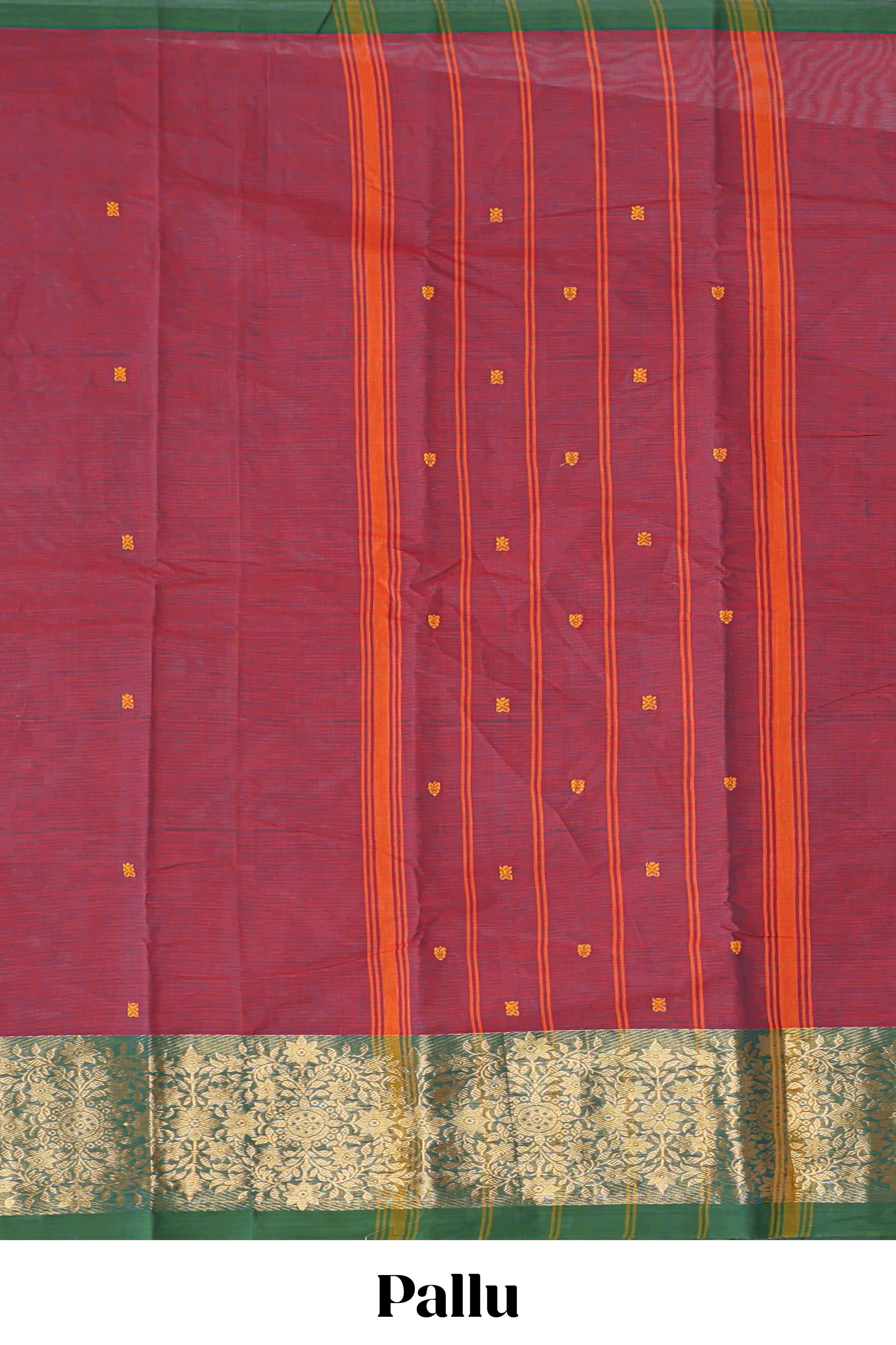 Maroon butta chettinad cotton saree with contrast zari border and matching blouse