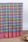 Multi color checked chettinad cotton saree with self deer & birds zari design border and matching pallu