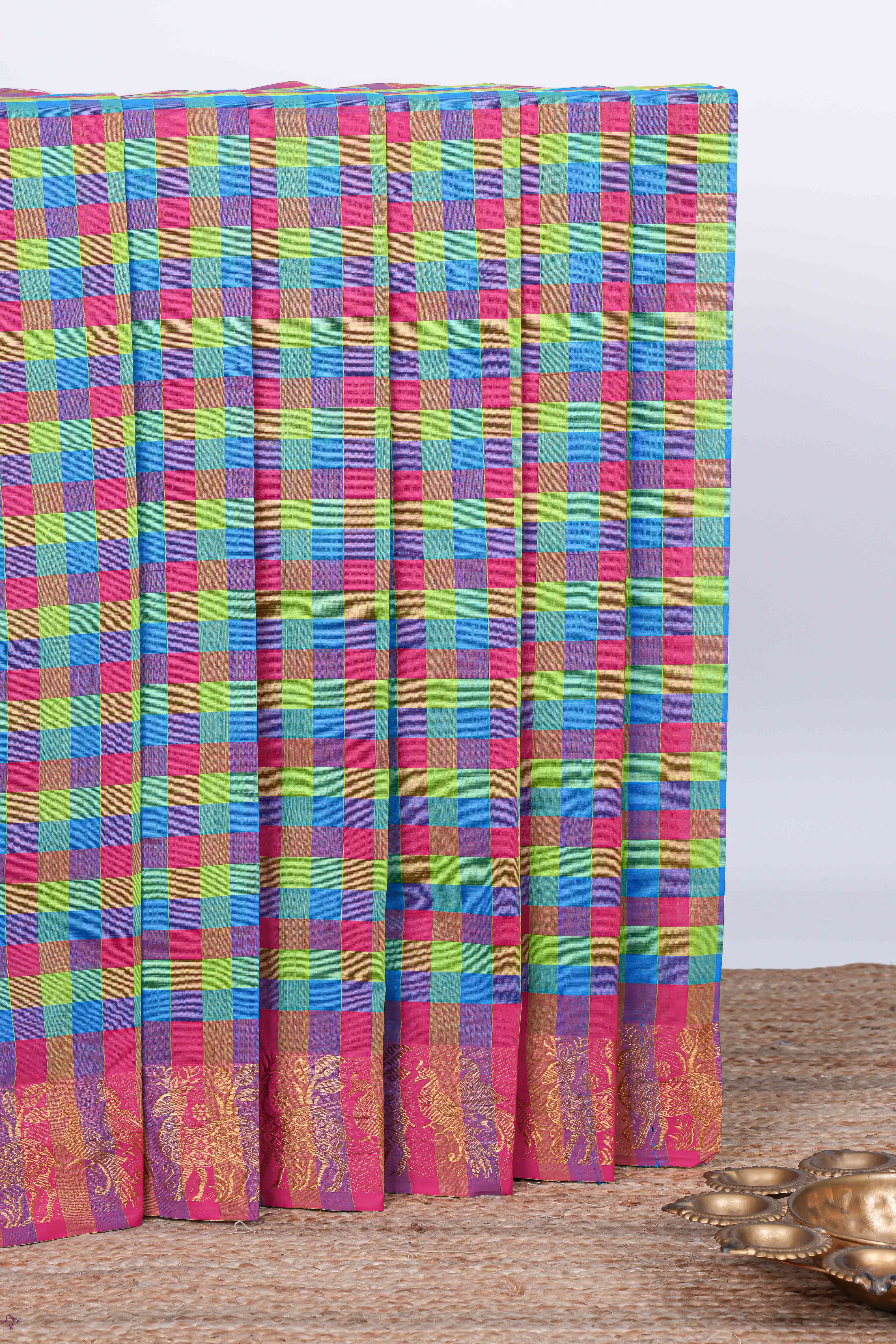 Multi color checked chettinad cotton saree with self deer & birds zari design border and matching pallu