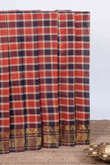 Multi color checked chettinad cotton saree with self birds & ikkat style zari border and matching pallu