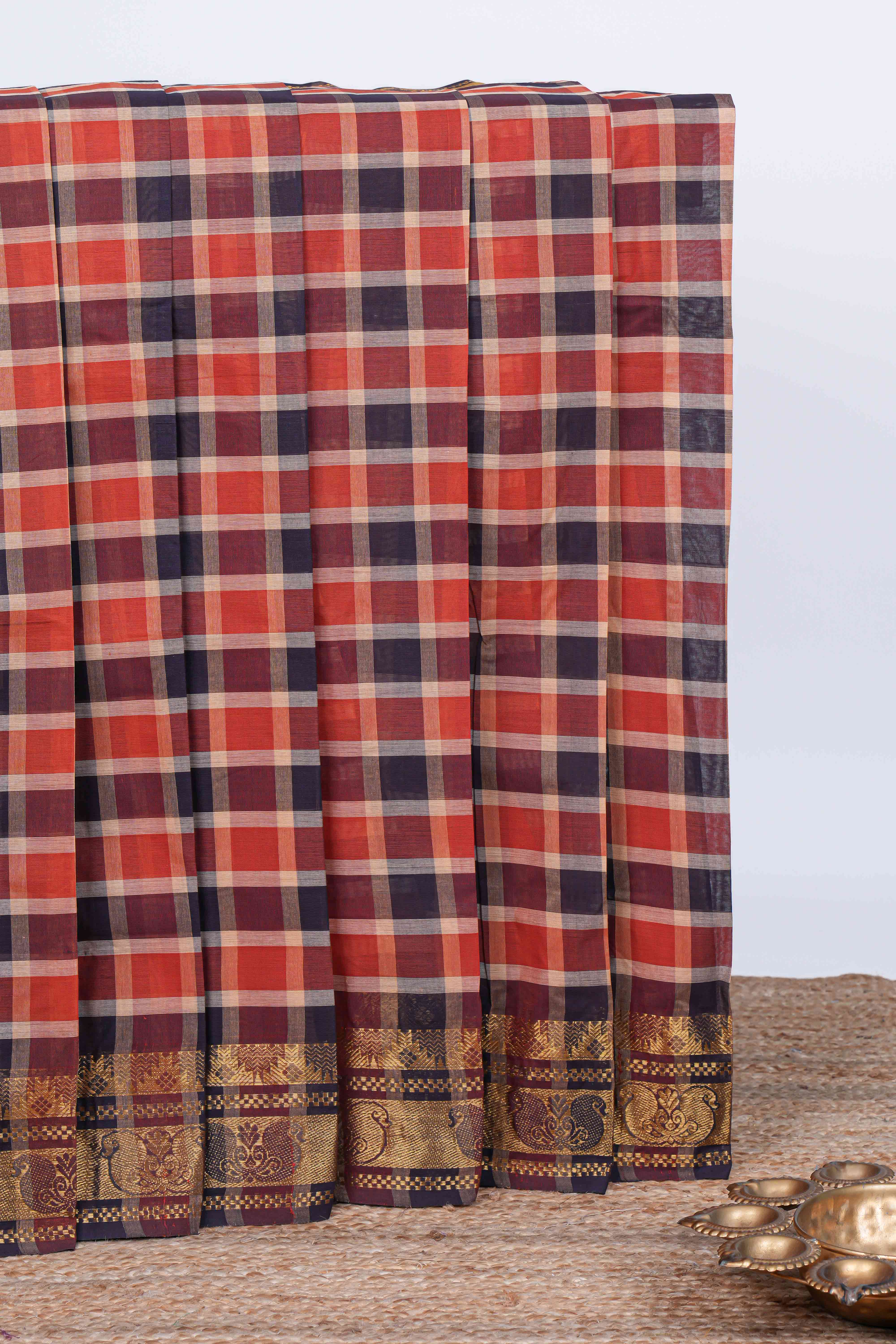 Multi color checked chettinad cotton saree with self birds & ikkat style zari border and matching pallu