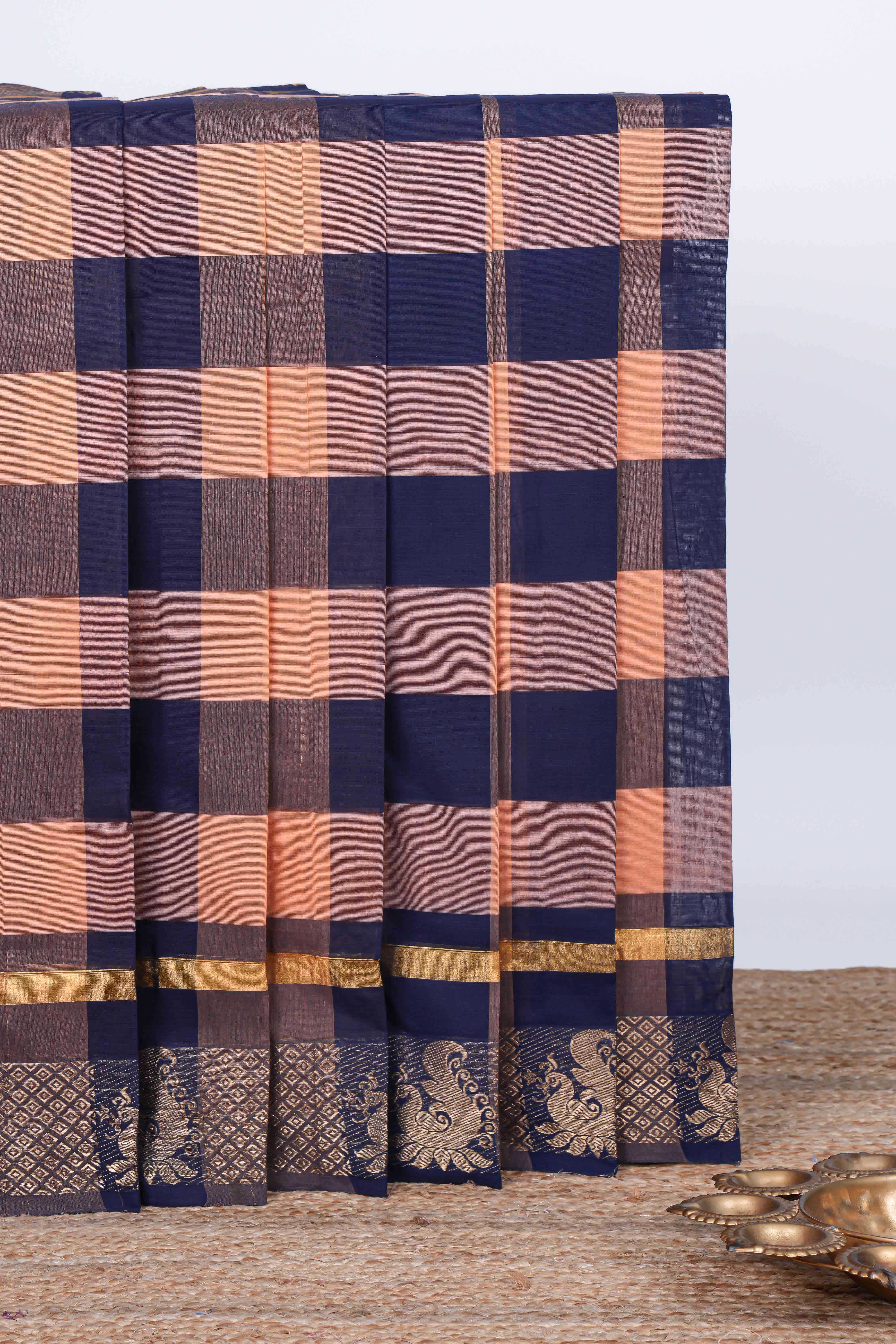 Multi color checked chettinad cotton saree with birds zari design self border and matching pallu