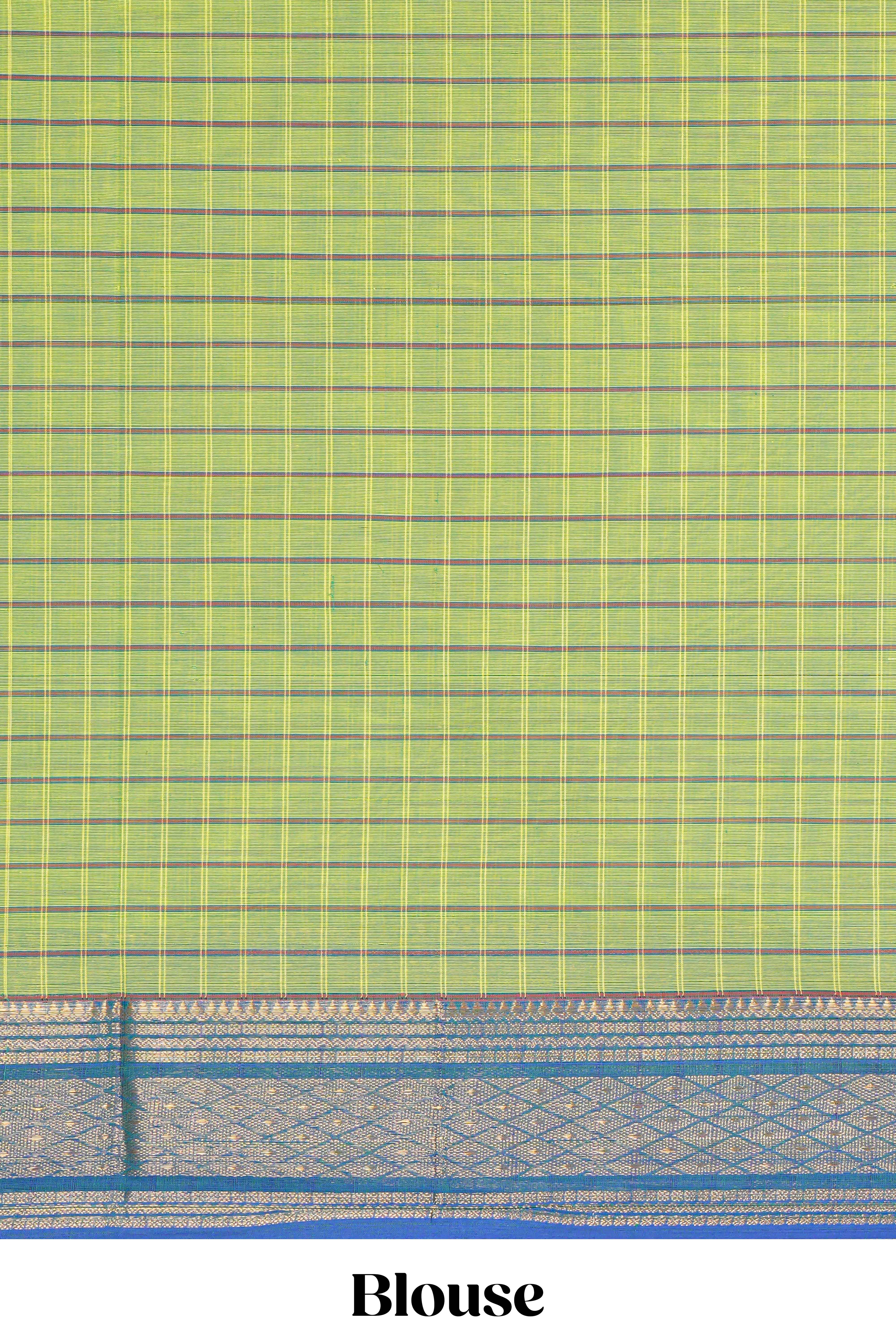Green checked floral motifs chettinad cotton saree with contrast border and matching blouse