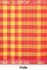Red and yellow checked floral motifs chettinad cotton saree with self zari border and matching pallu