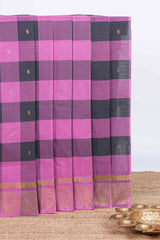 Rose pink checked zari motifs chettinad cotton saree with self zari border and matching pallu
