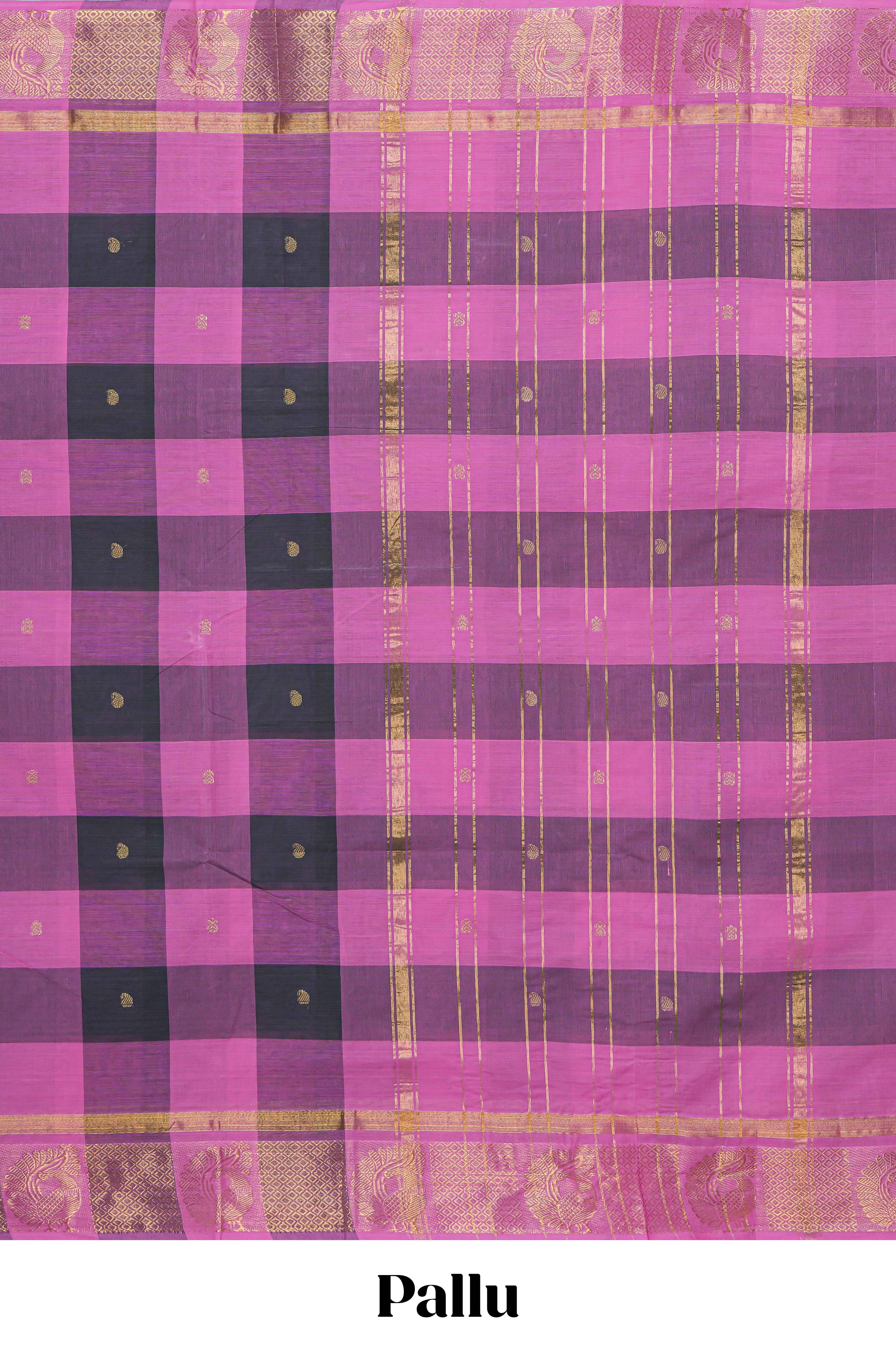 Rose pink checked zari motifs chettinad cotton saree with self zari border and matching pallu