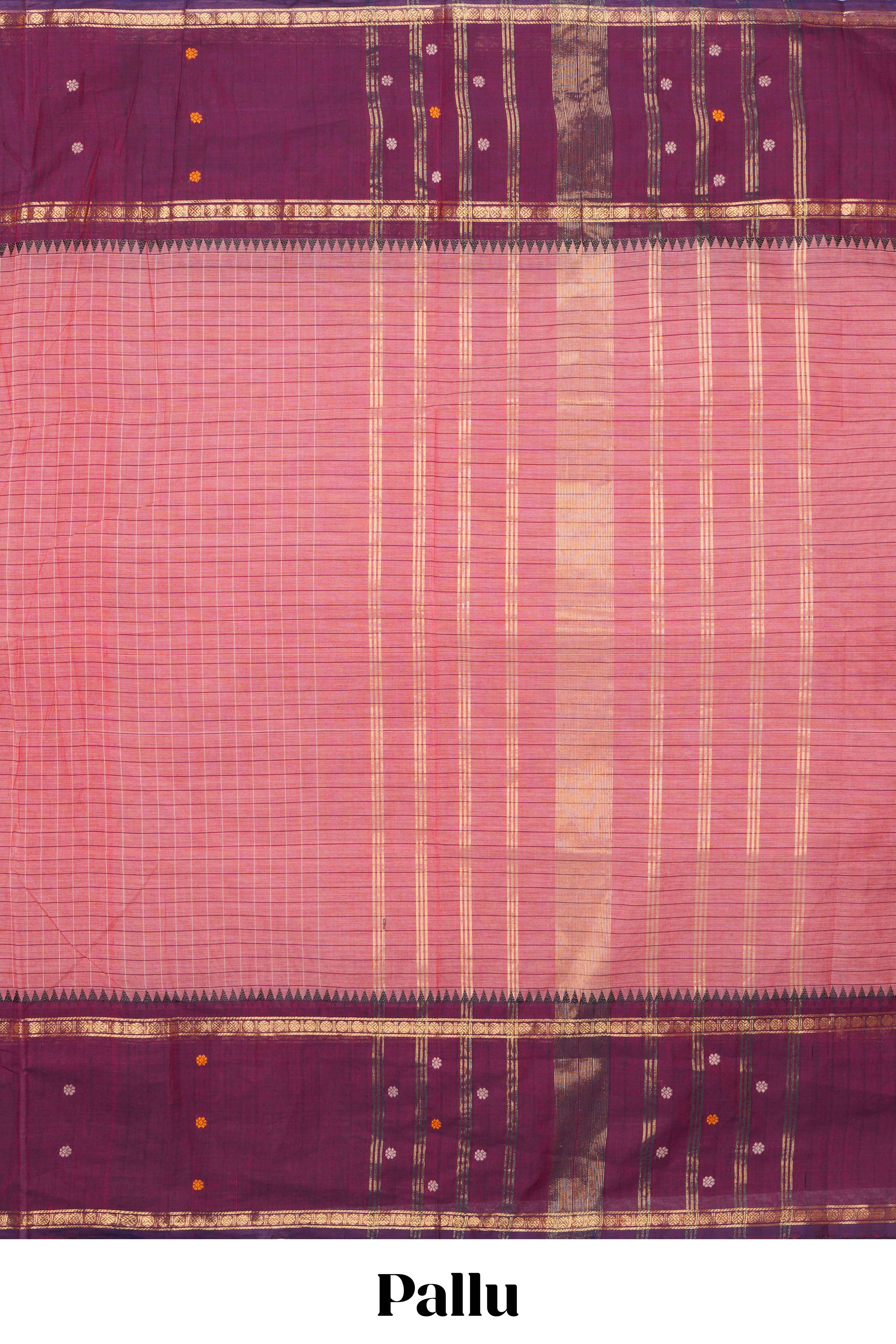 Peach checked chettinad cotton saree with contrast zari border and matching striped pallu
