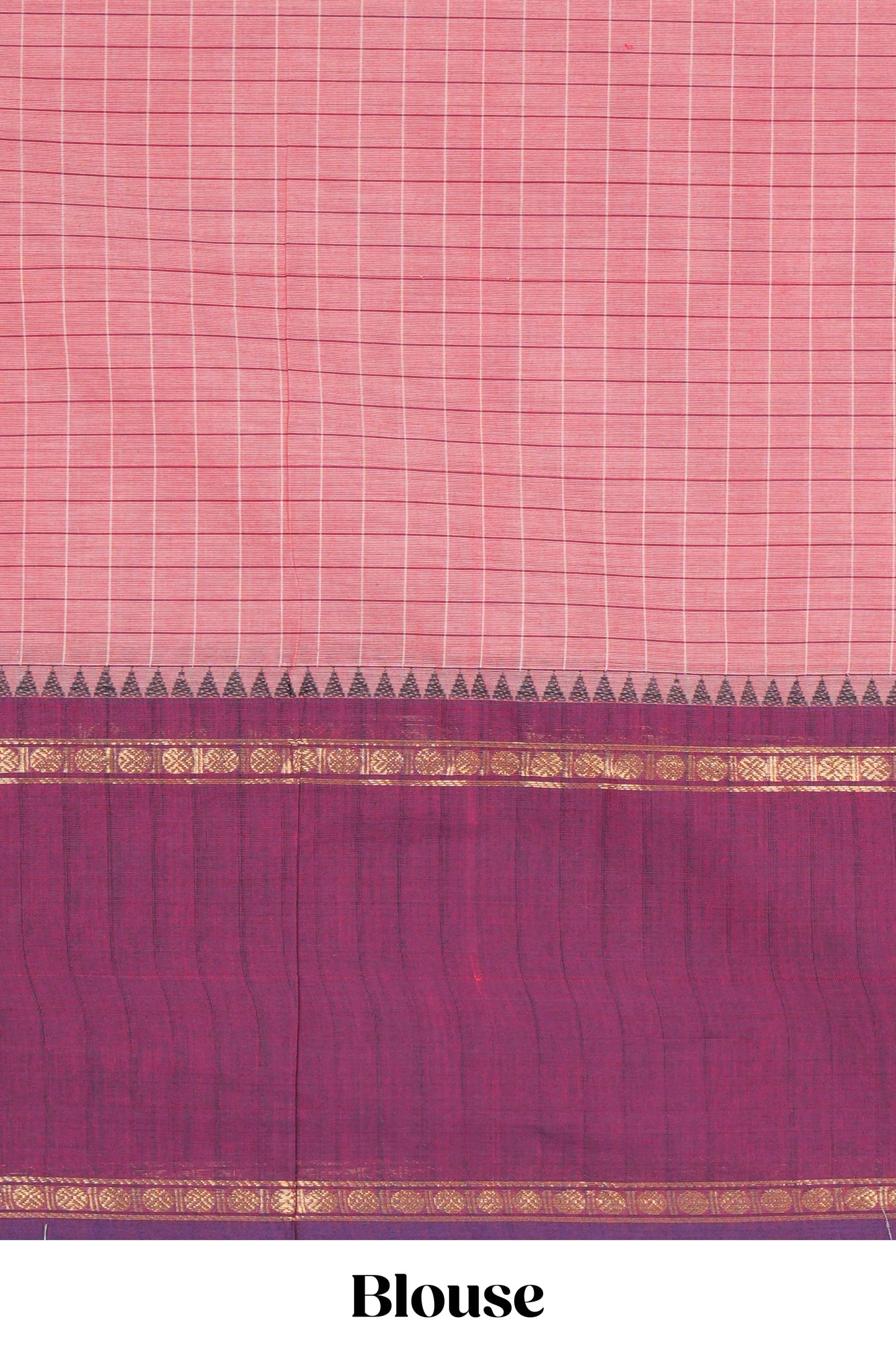 Peach checked chettinad cotton saree with contrast zari border and matching striped pallu