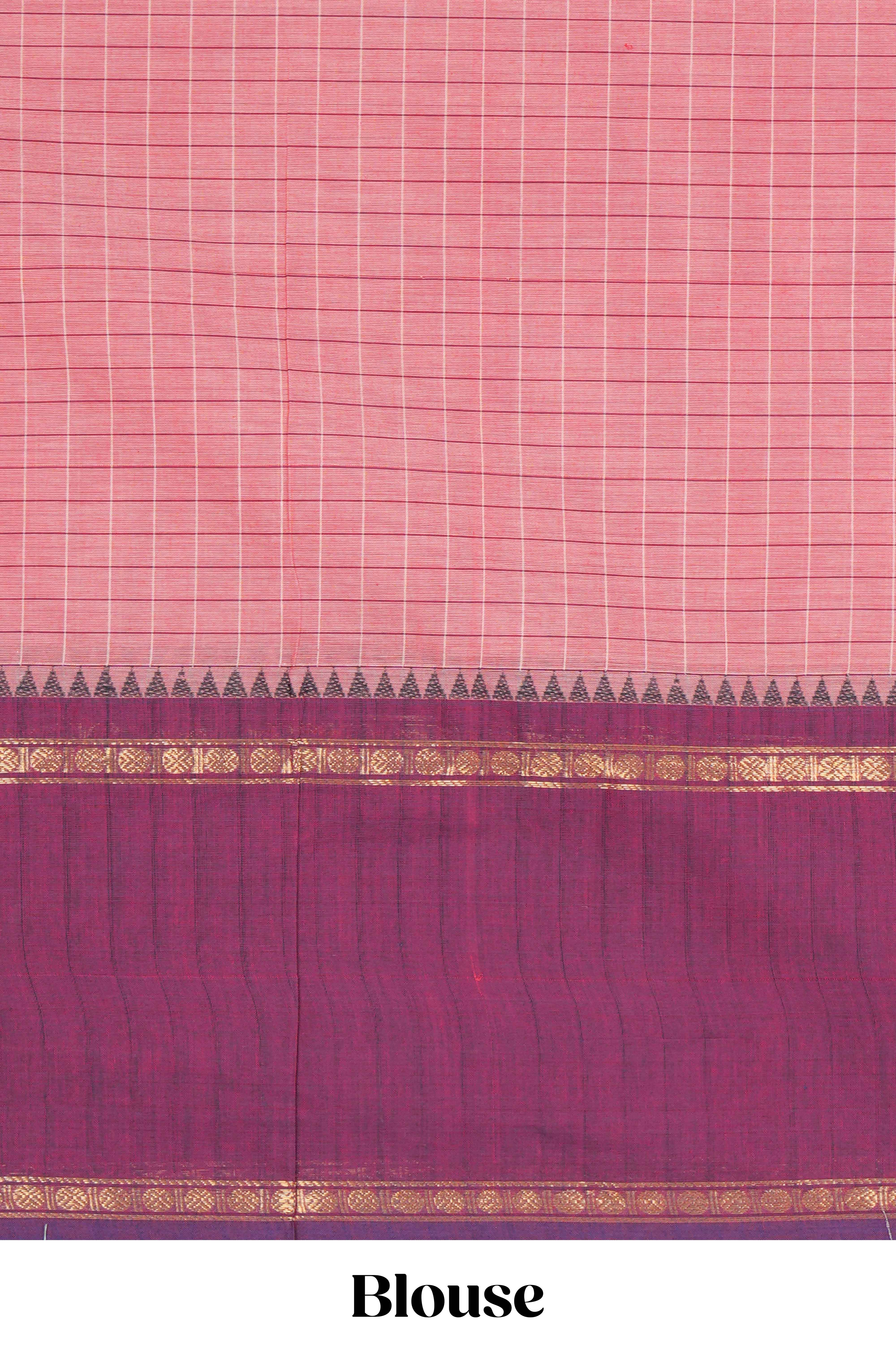 Peach checked chettinad cotton saree with contrast zari border and matching striped pallu