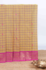 Mustard checked thread motifs chettinad cotton saree with contrast zari border and matching blouse