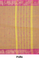 Mustard checked thread motifs chettinad cotton saree with contrast zari border and matching blouse