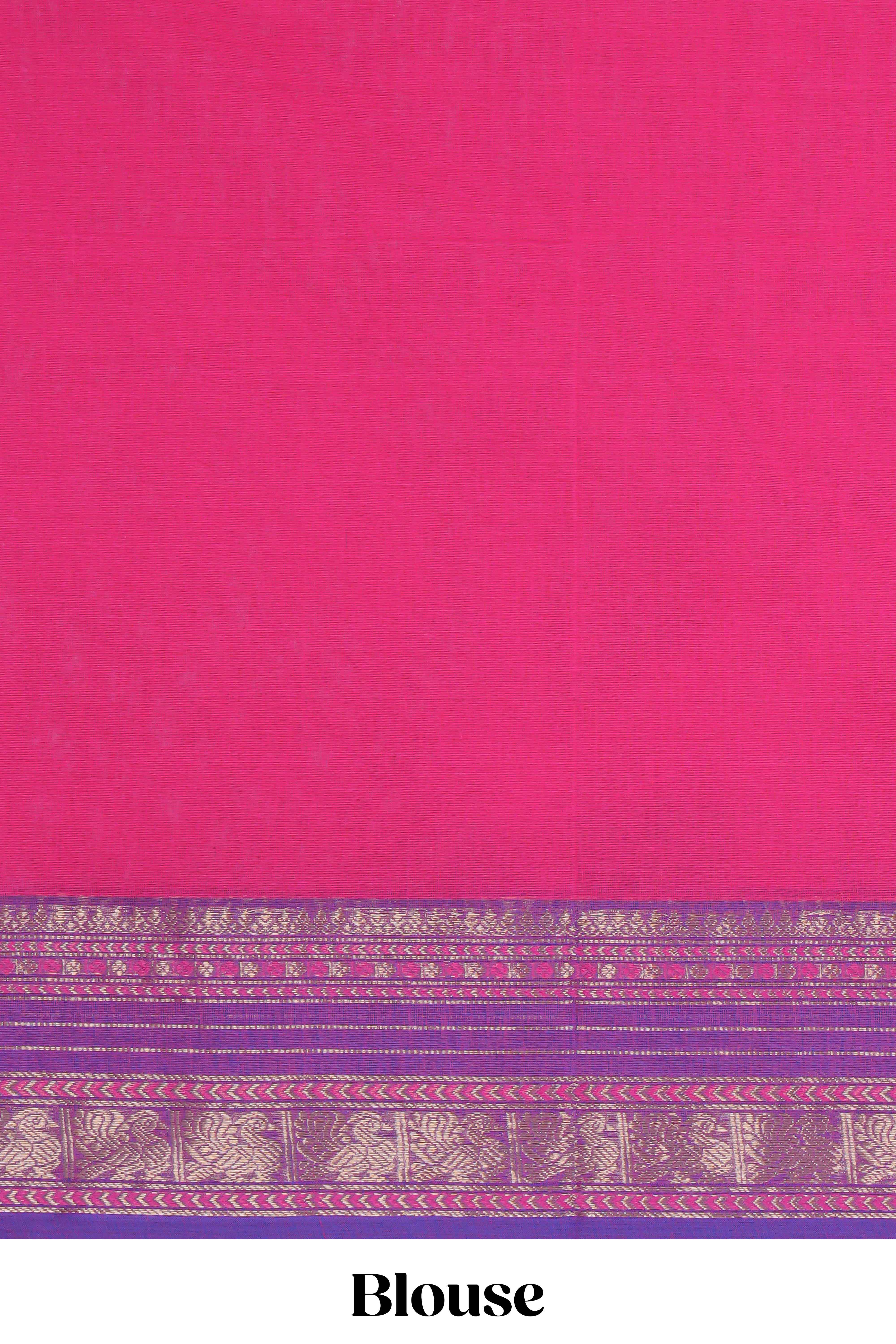 Pink plain chettinad cotton saree with contrast zari border and matching striped pallu