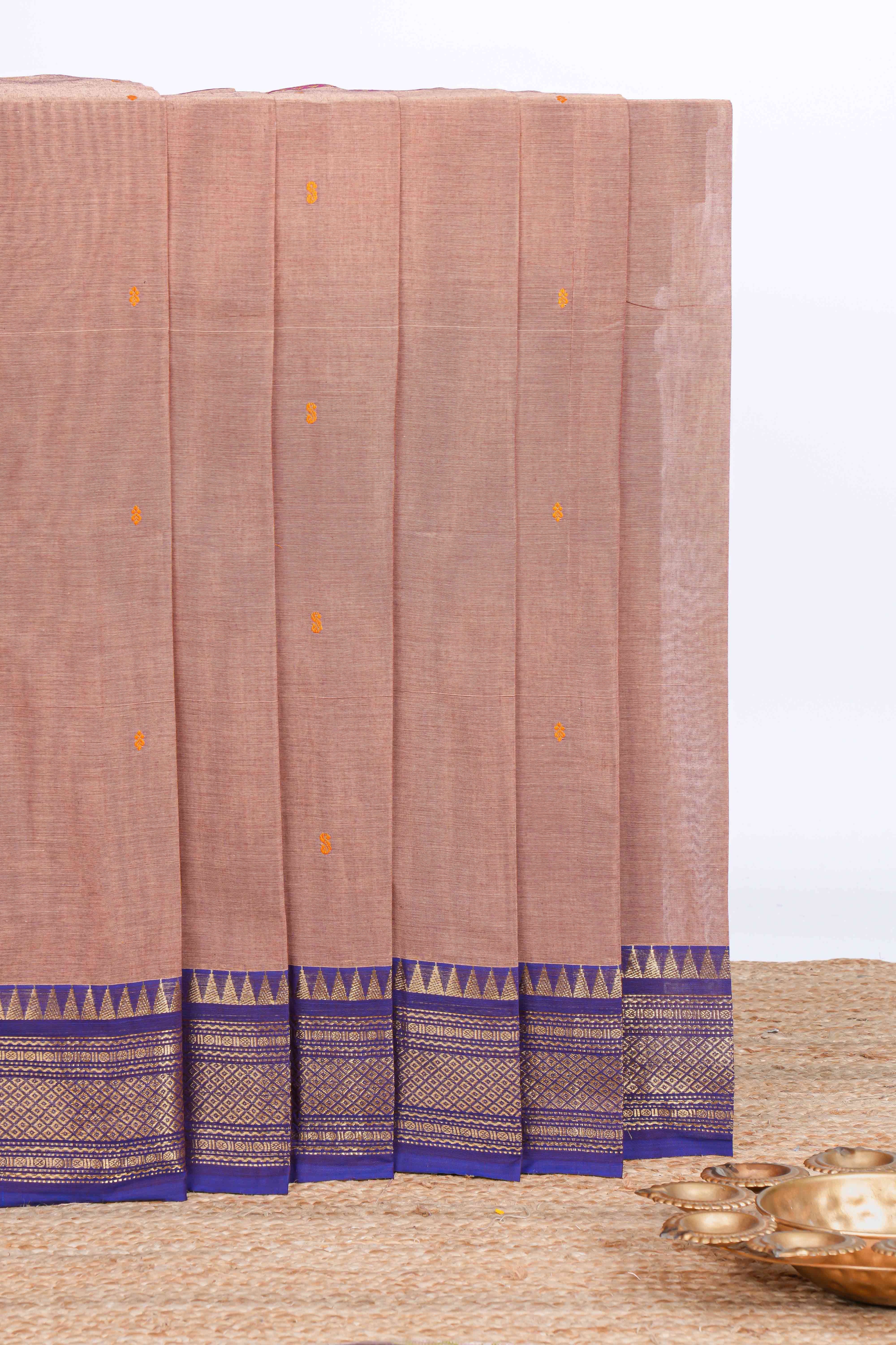 Beige thread motifs chettinad cotton saree with contrast zari border and matching striped pallu