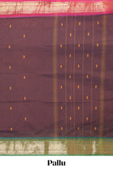 Brown thread motifs chettinad cotton saree with contrast zari border and matching striped pallu