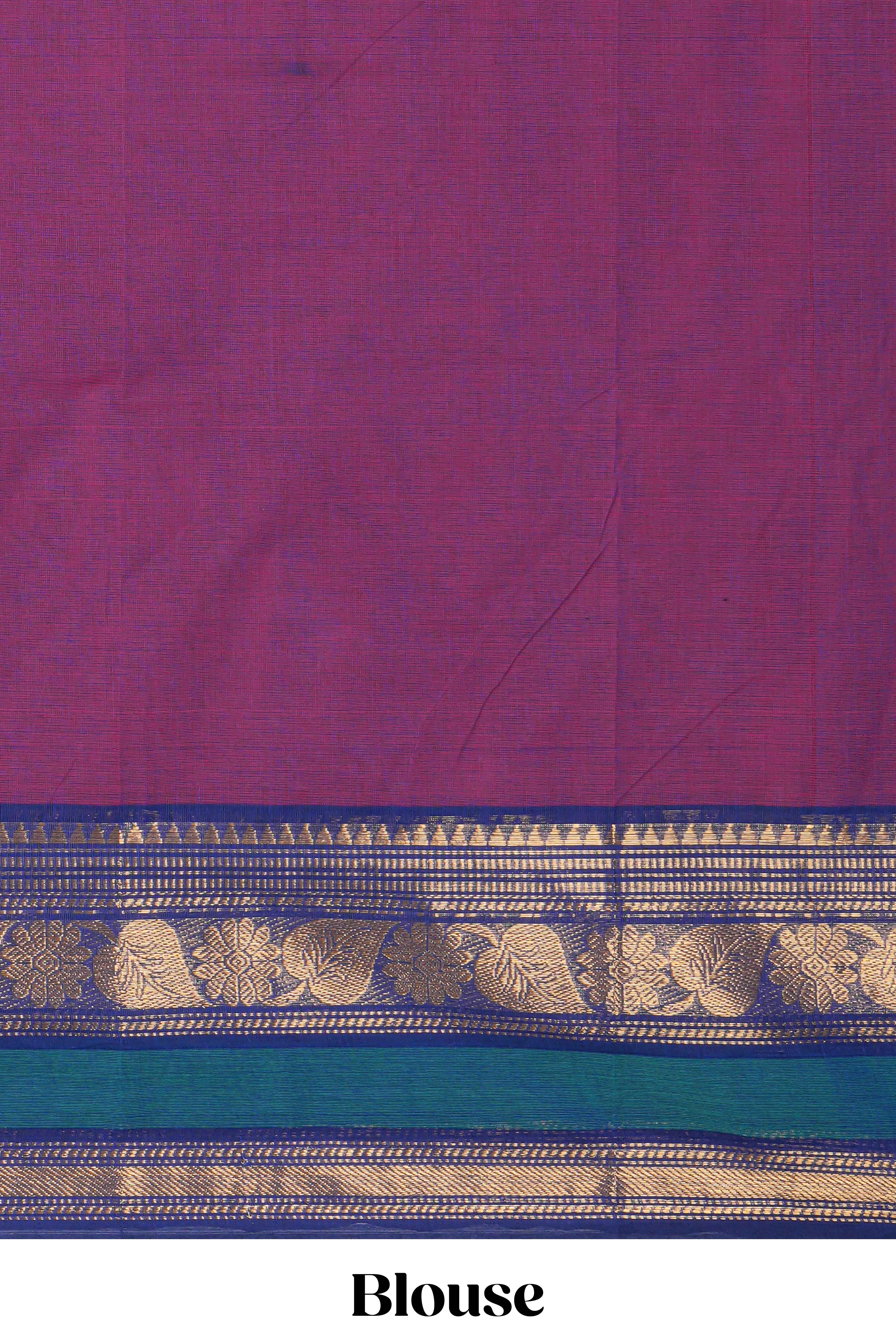 Purple plain chettinad cotton saree with contrast zari border and matching pallu