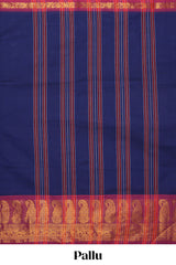Dark blue plain chettinad cotton saree with contrast zari border and matching blouse