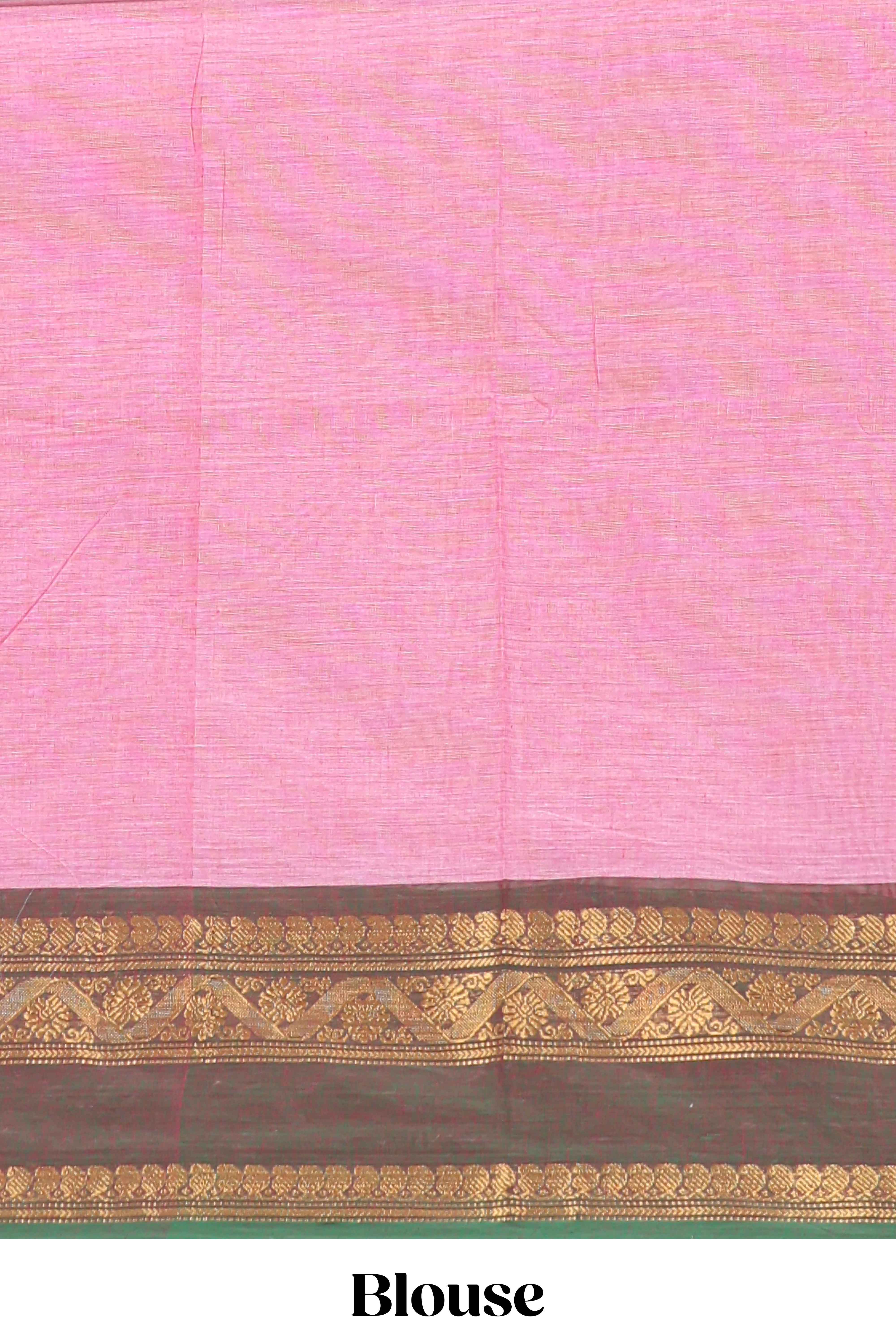 Pink butta chettinad cotton saree with contrast zari border and matching blouse