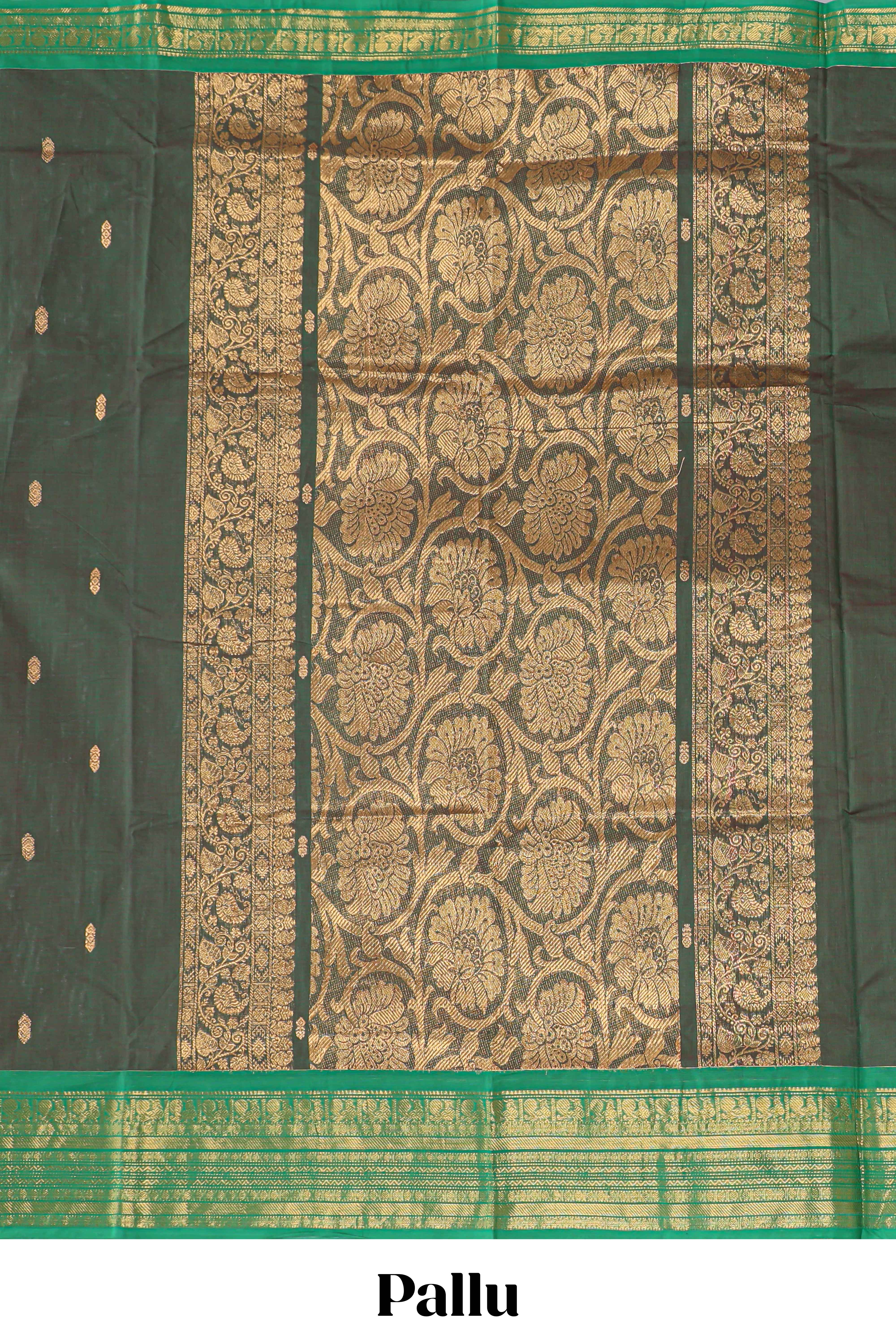 Green butta chettinad cotton saree with contrast zari border and matching blouse