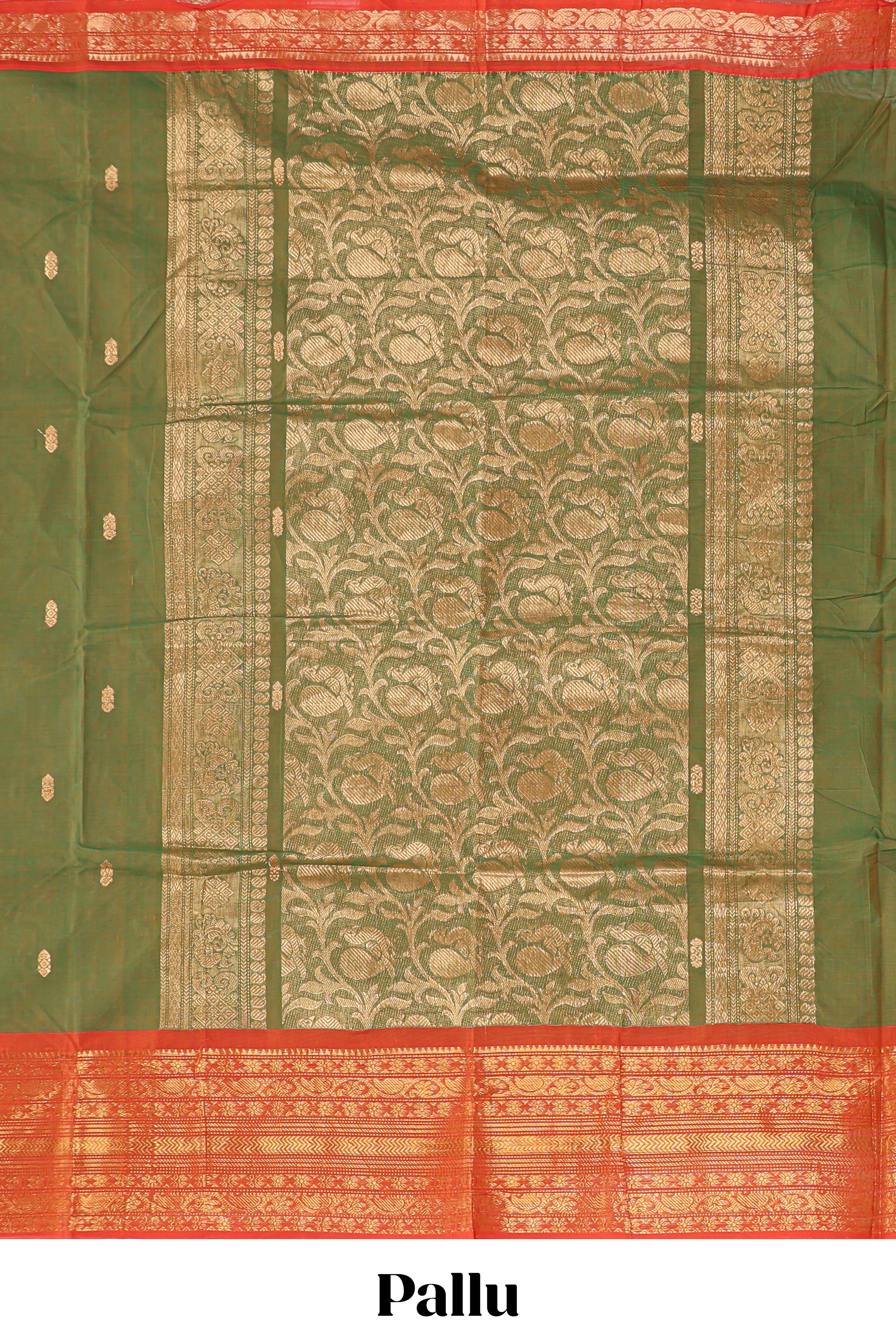 Olive green butta chettinad cotton saree with contrast zari border and matching blouse