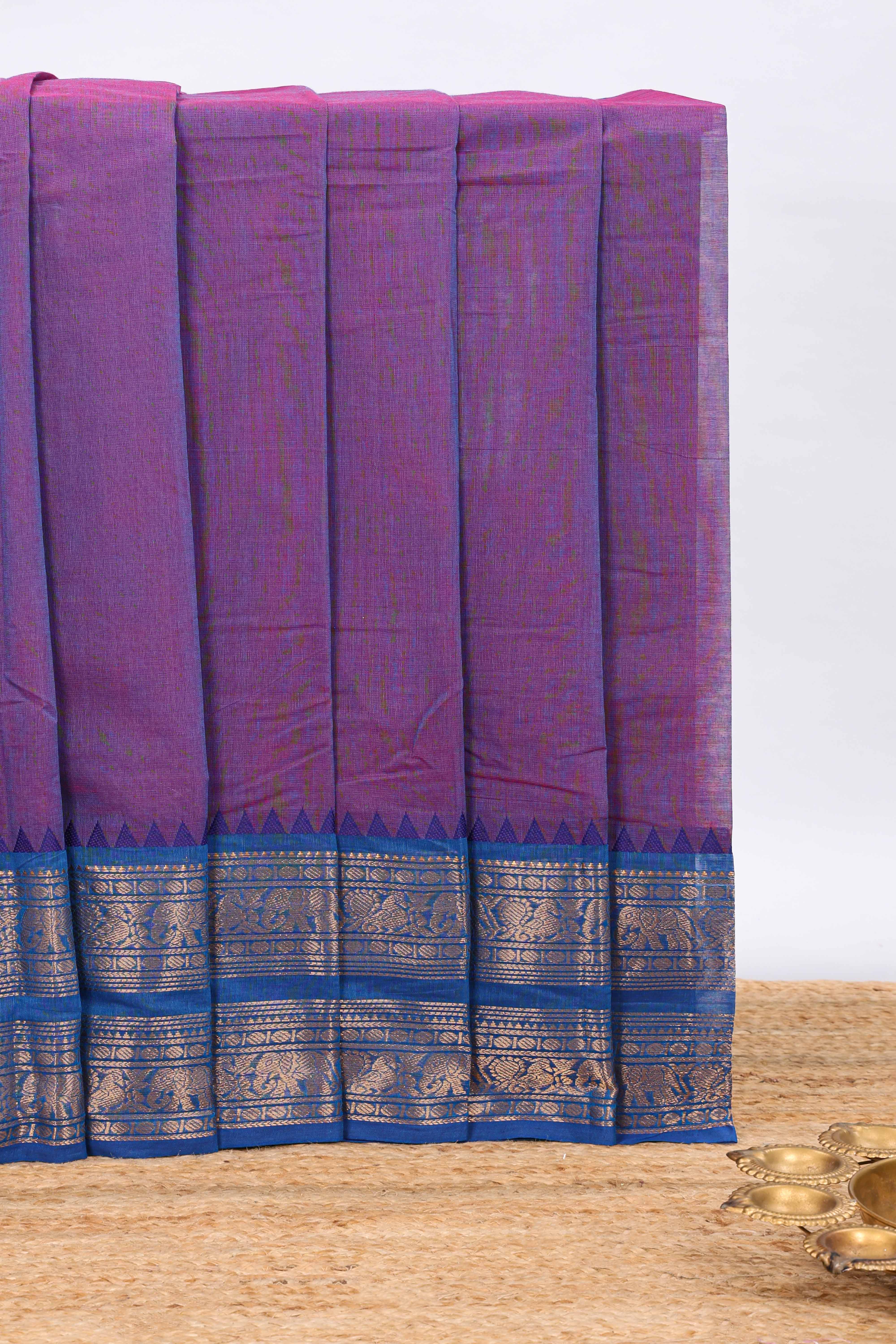 Purple plain chettinad cotton saree with contrast zari border and matching blouse