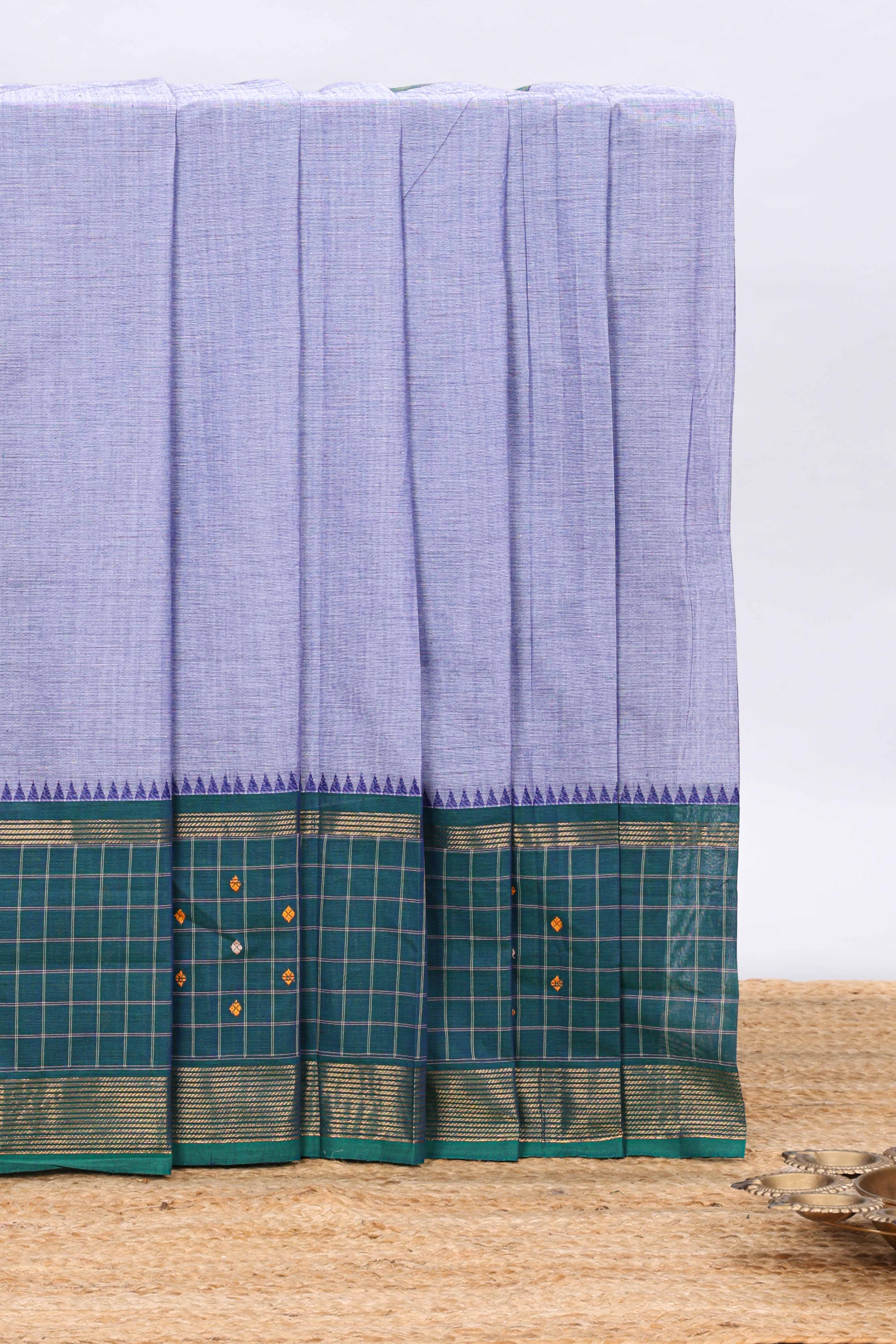 Lavender plain chettinad cotton saree with contrast checked border and matching blouse