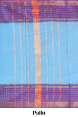 Blue plain chettinad cotton saree with contrast checked border and matching blouse