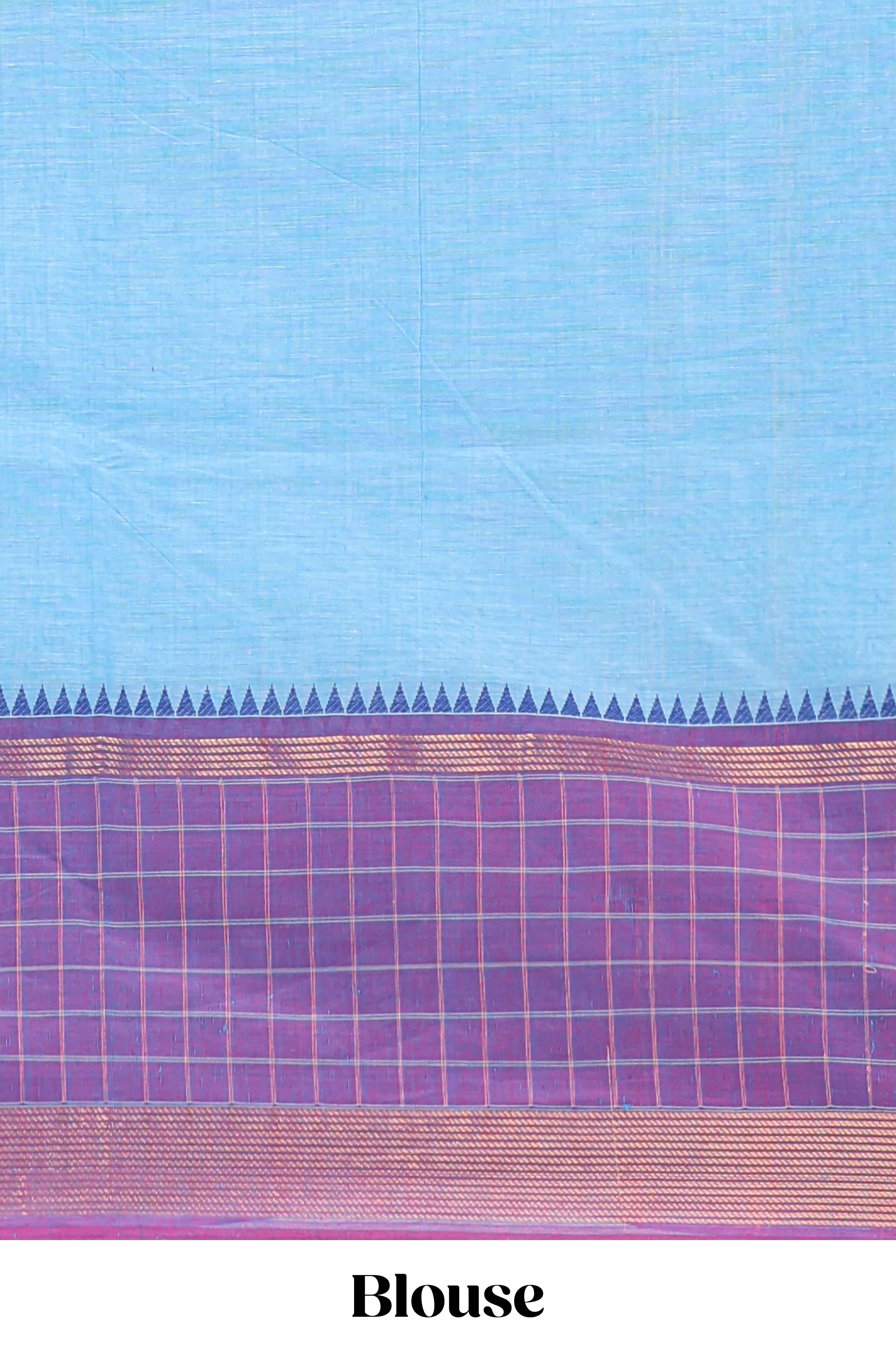 Blue plain chettinad cotton saree with contrast checked border and matching blouse
