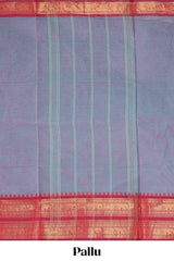 Powder blue plain chettinad cotton saree with contrast checked border and matching blouse