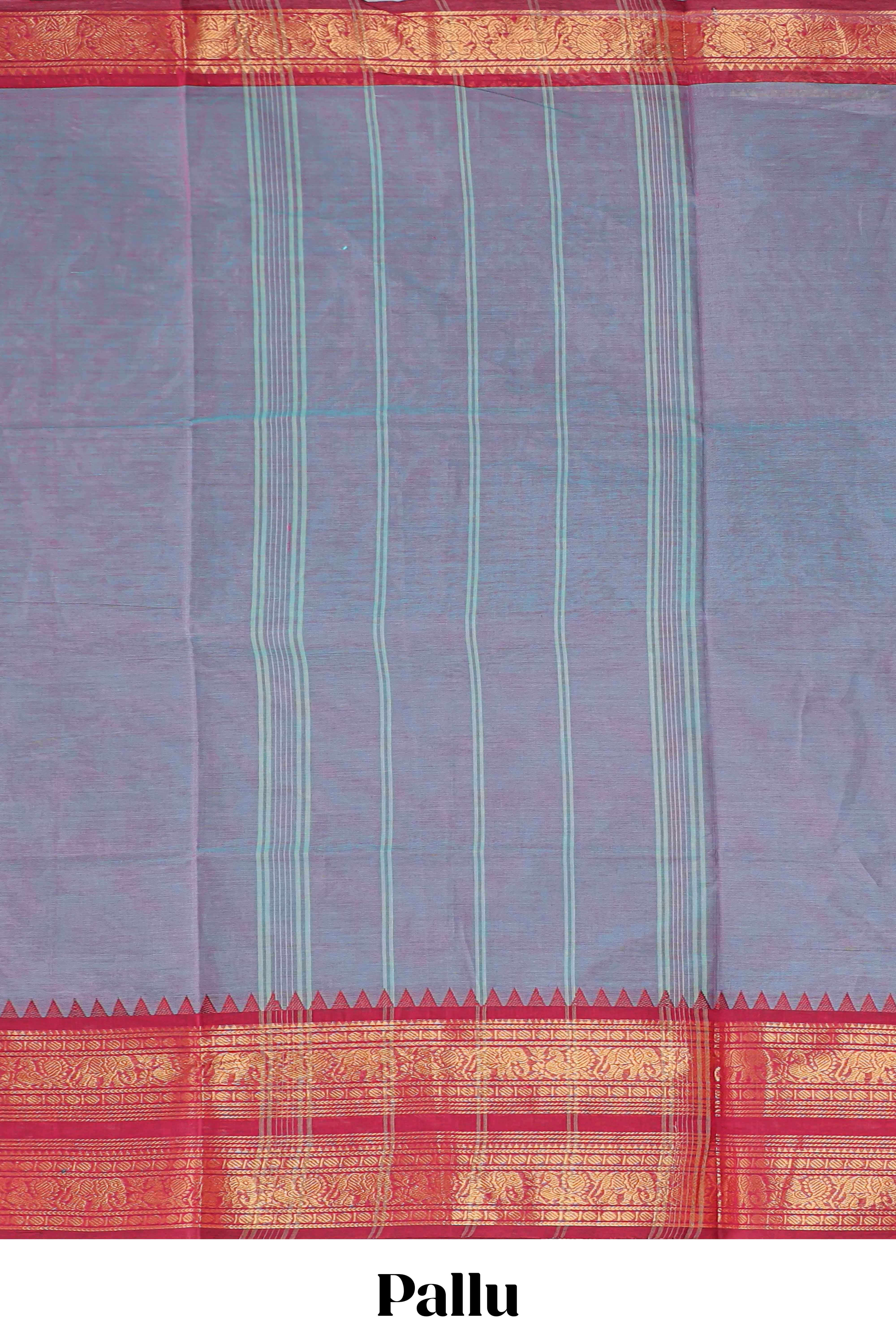 Powder blue plain chettinad cotton saree with contrast checked border and matching blouse
