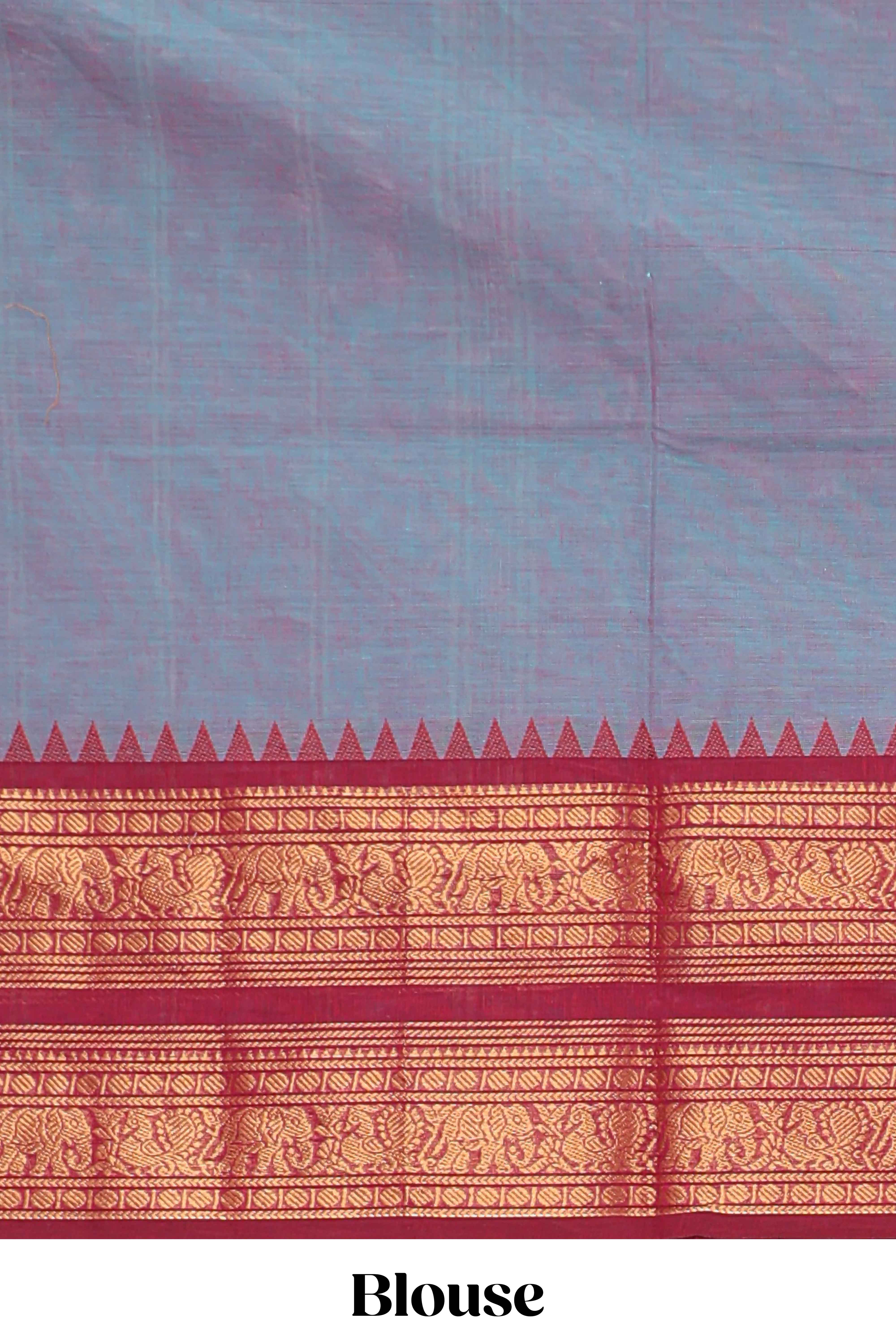 Powder blue plain chettinad cotton saree with contrast checked border and matching blouse