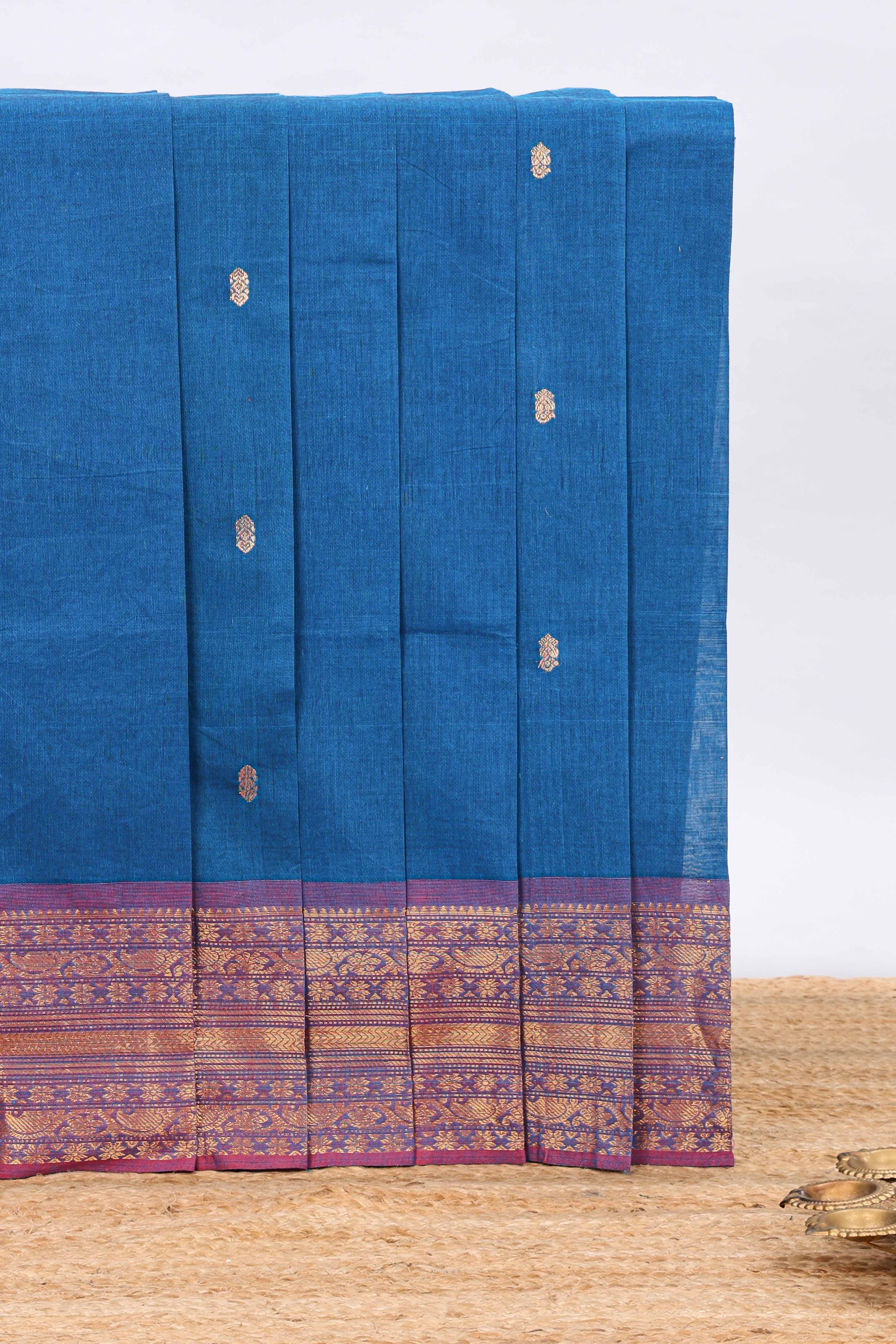 Midnight blue butta chettinad cotton saree with contrast border and matching blouse