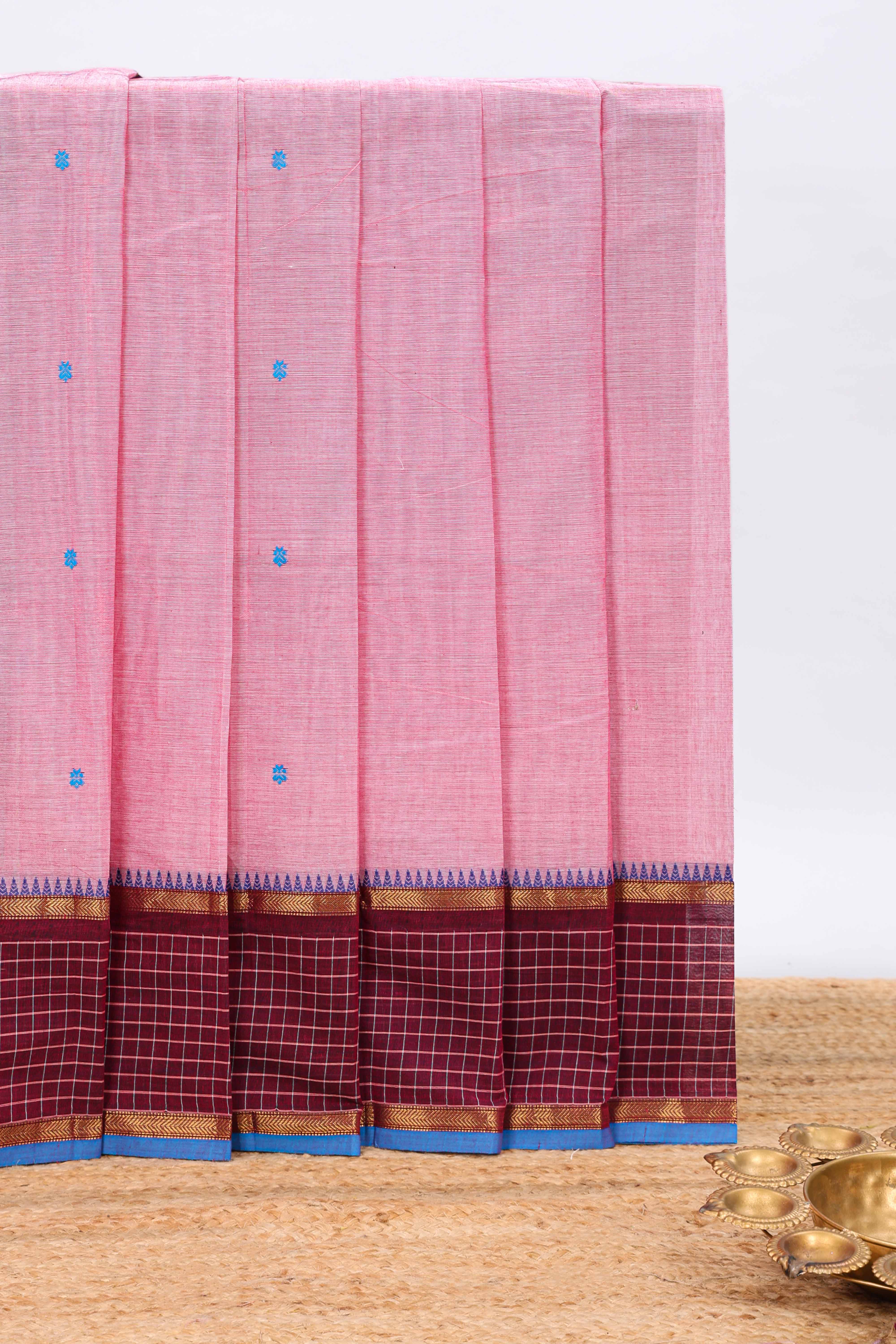 Pink butta chettinad cotton saree with contrast checked border and matching blouse