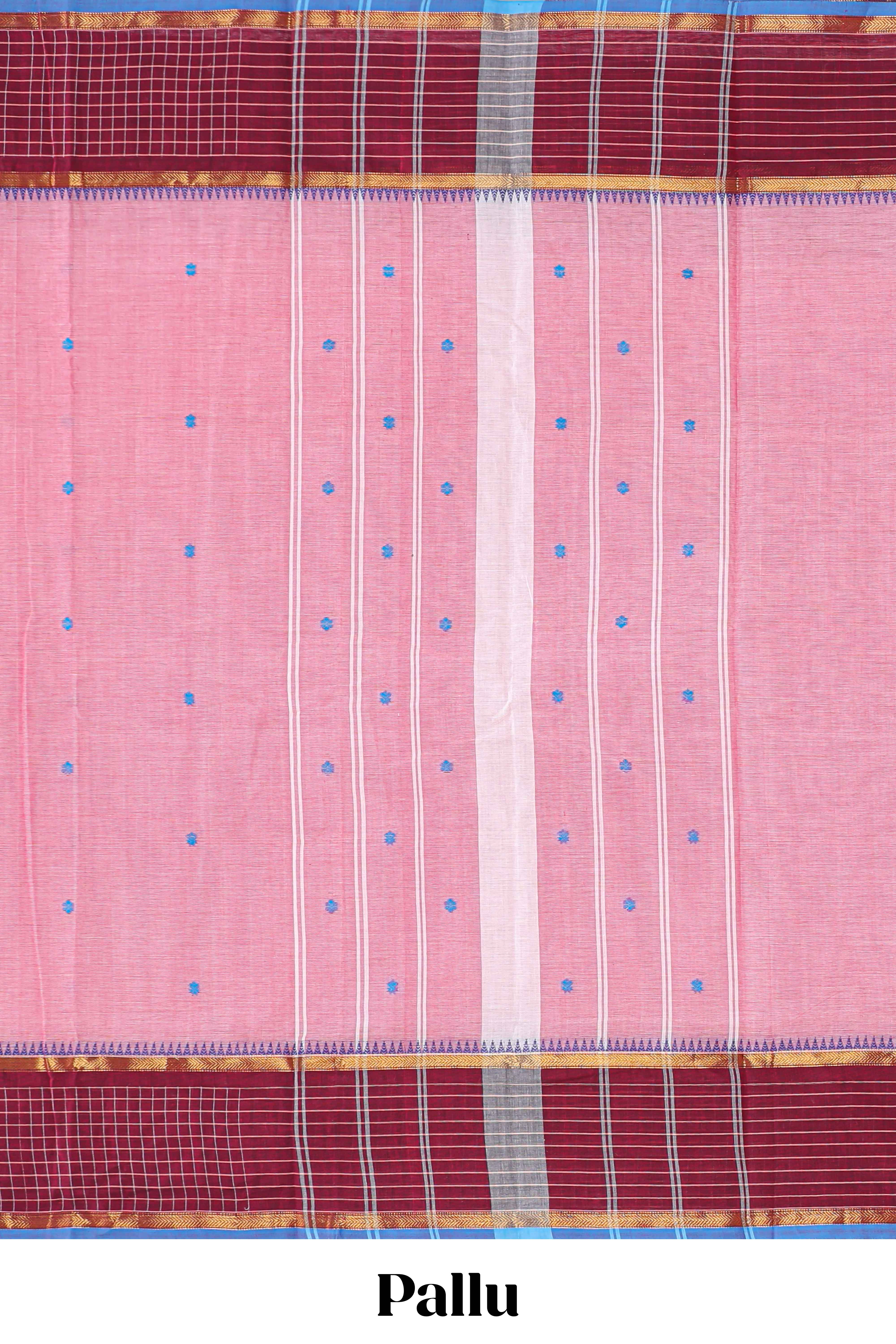 Pink butta chettinad cotton saree with contrast checked border and matching blouse