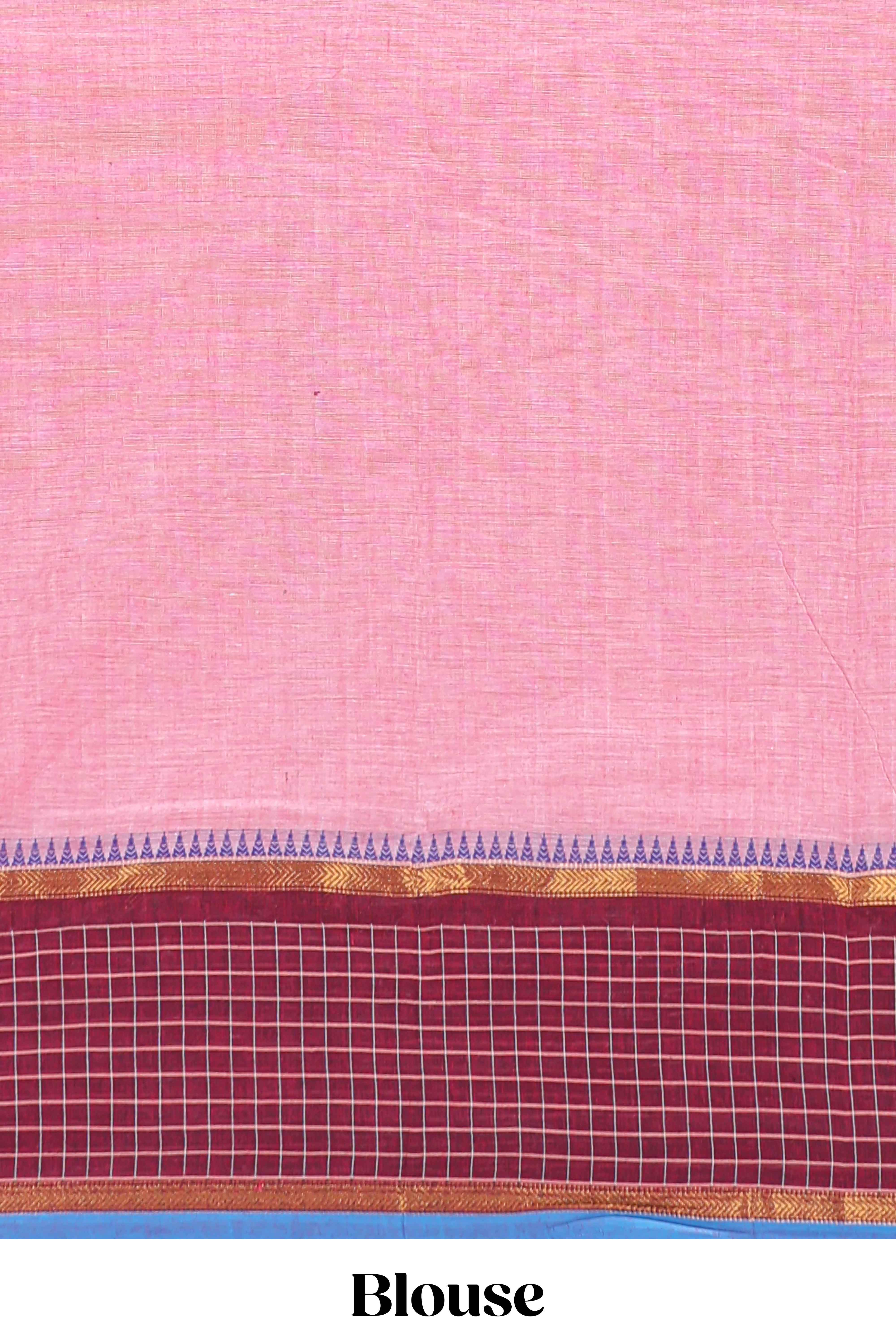Pink butta chettinad cotton saree with contrast checked border and matching blouse