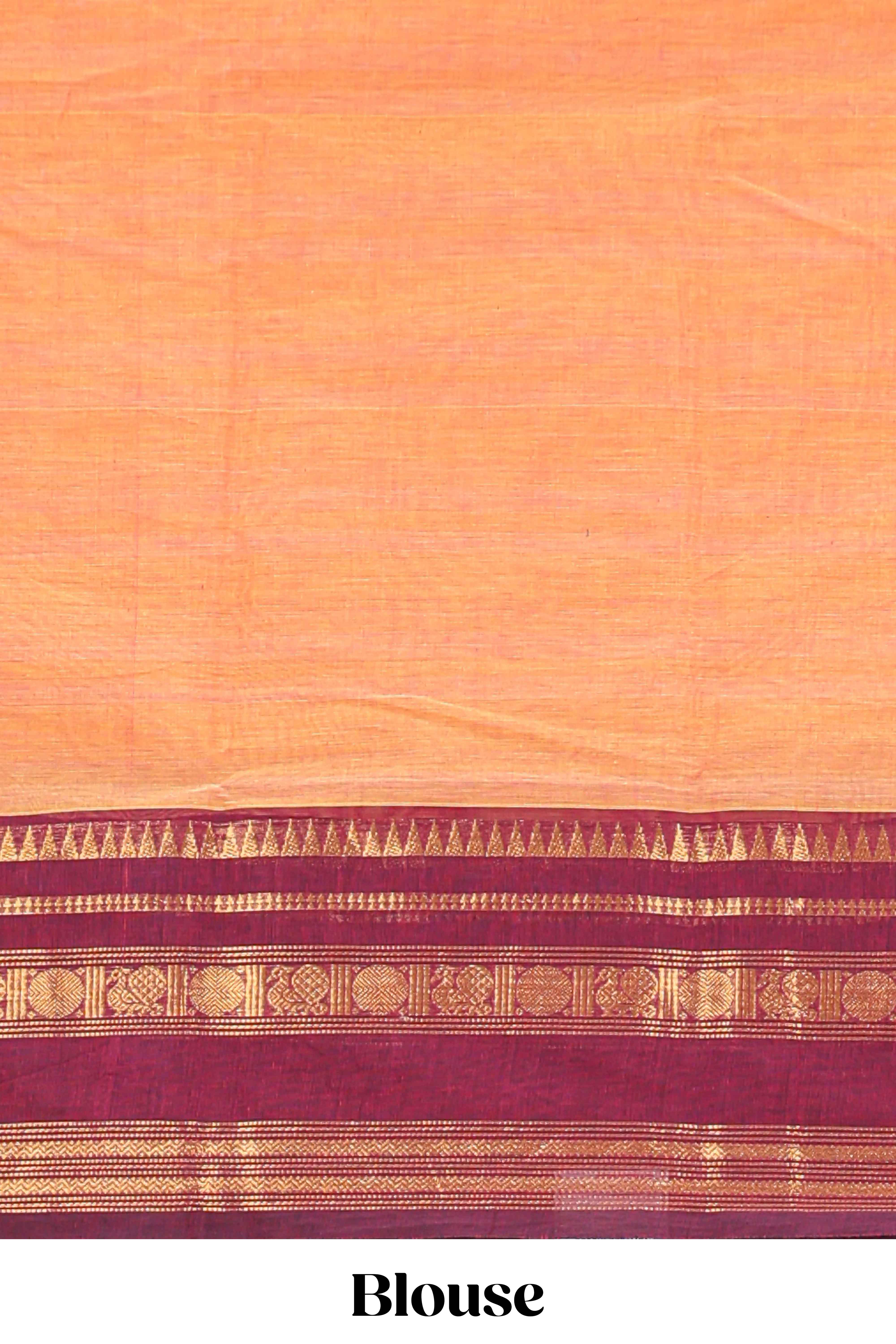 Orange plain chettinad cotton saree with contrast zari border and matching blouse