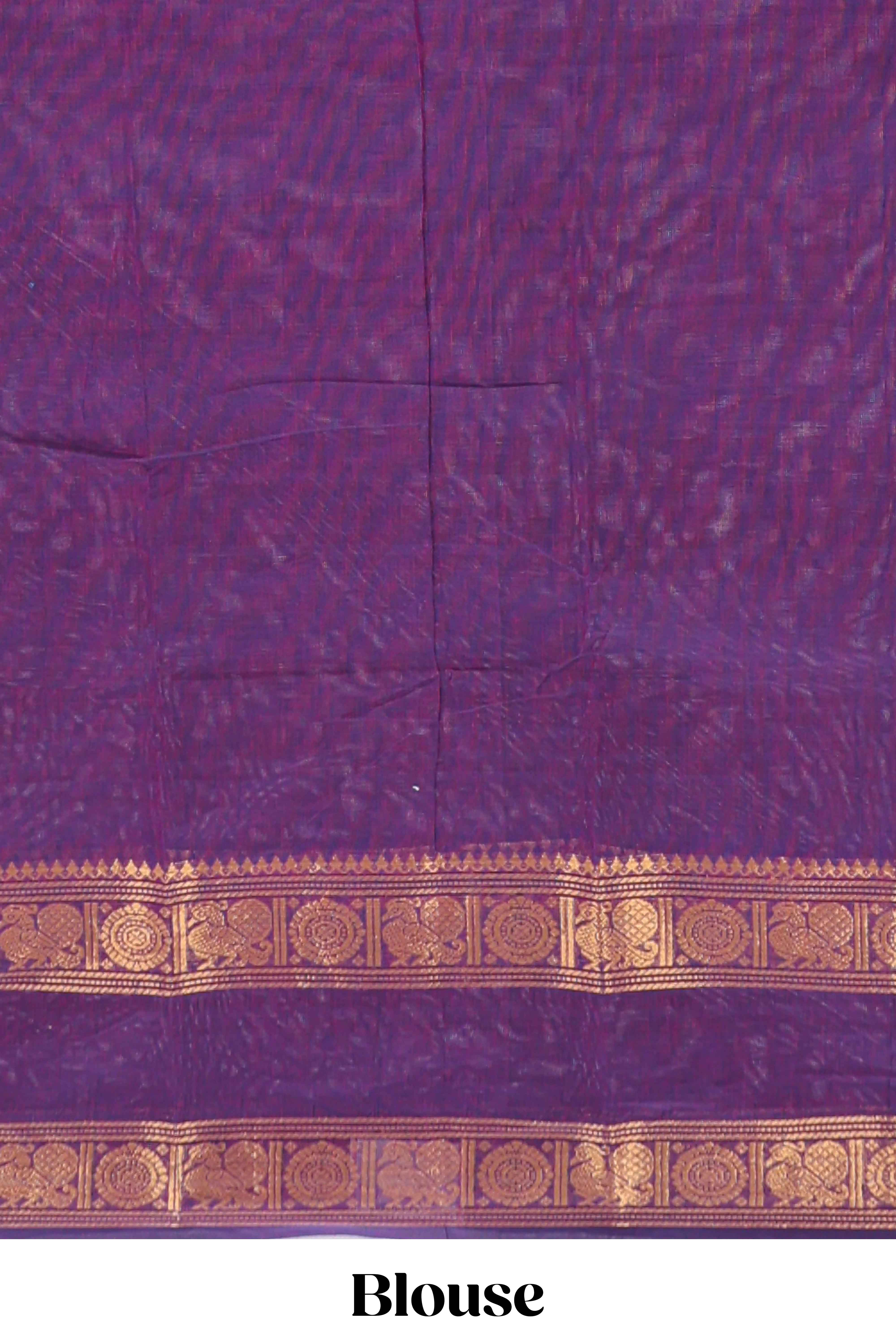 Plum purple plain chettinad cotton saree with contrast zari border and matching blouse