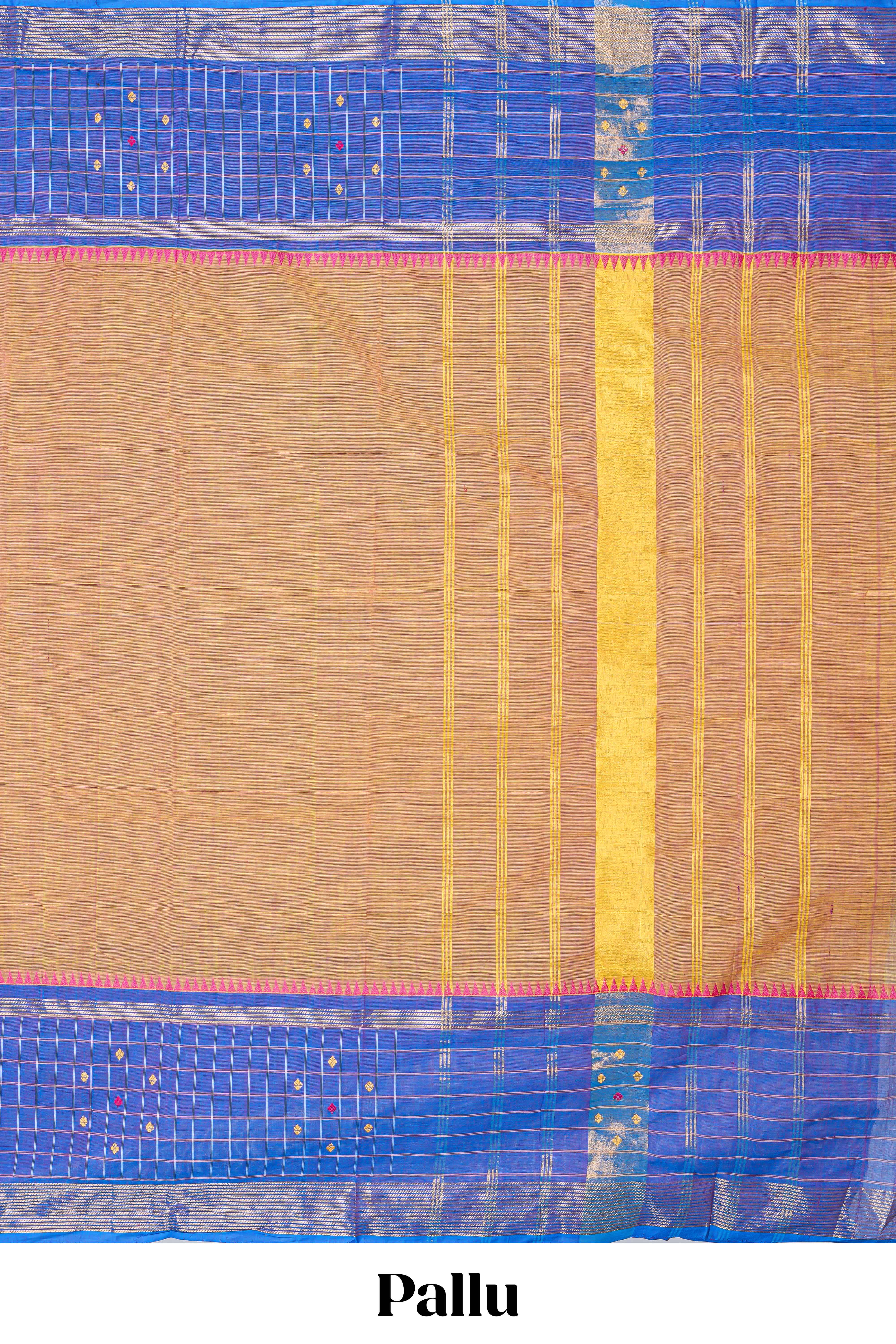 Brown plain chettinad cotton saree with contrast checked border and matching striped pallu
