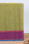 Green floral motifs chettinad cotton saree with contrast checked border and matching striped pallu