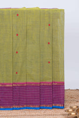 Green floral motifs chettinad cotton saree with contrast checked border and matching striped pallu