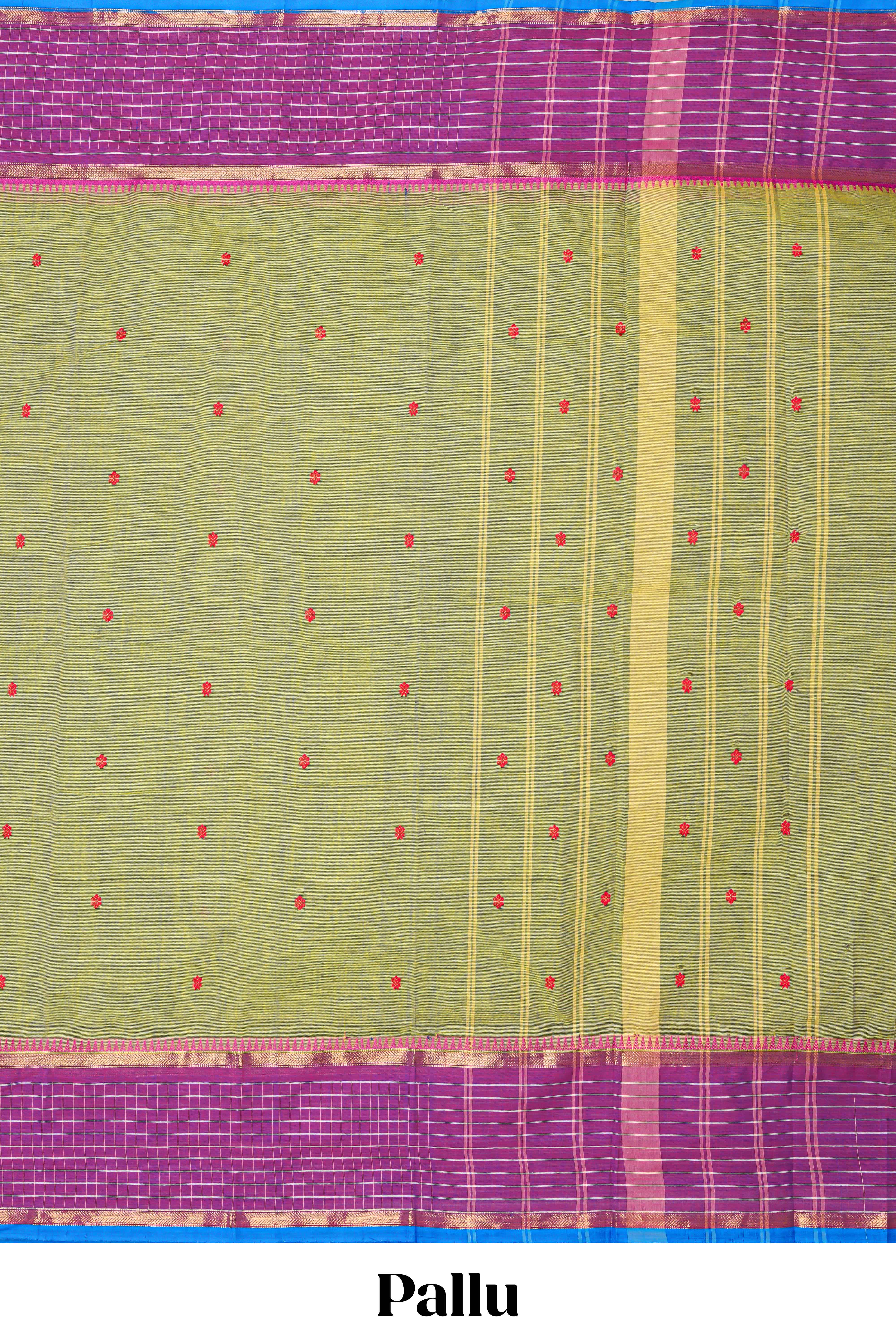 Green floral motifs chettinad cotton saree with contrast checked border and matching striped pallu