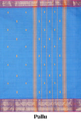 Blue thread motifs chettinad cotton saree with contrast checked border and matching striped pallu