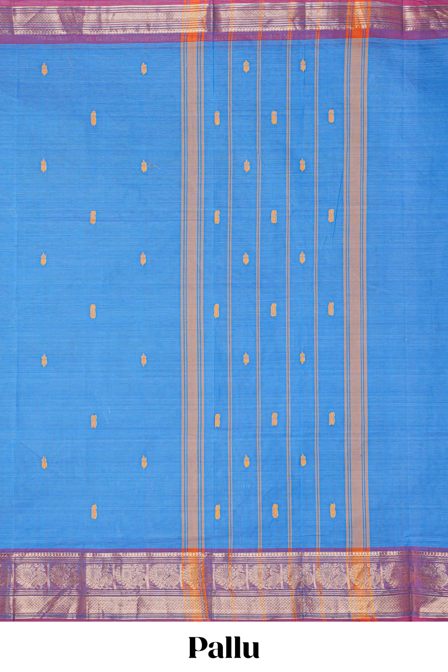 Blue thread motifs chettinad cotton saree with contrast checked border and matching striped pallu