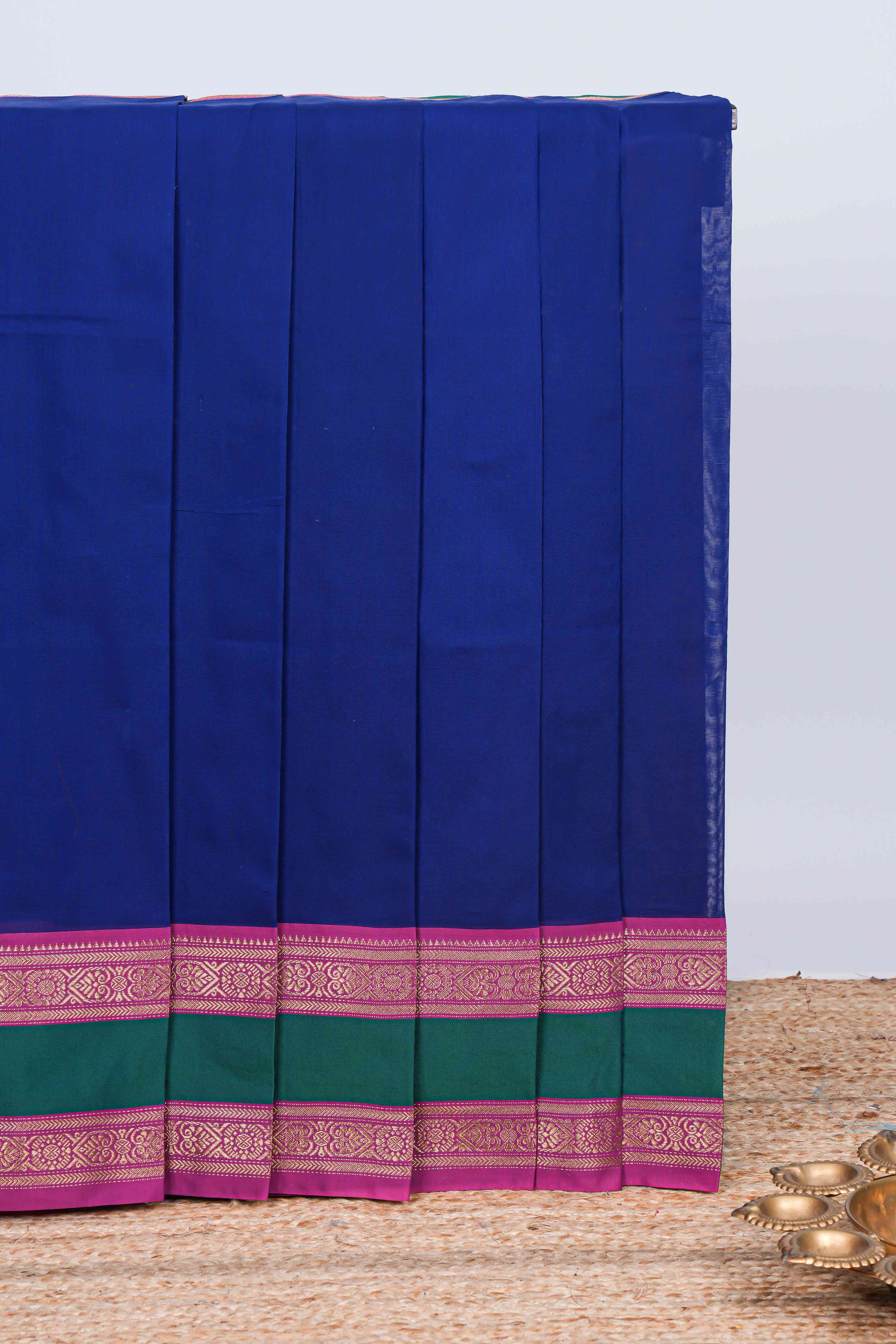 Dark blue plain chettinad cotton saree with contrast bentex border and matching striped pallu