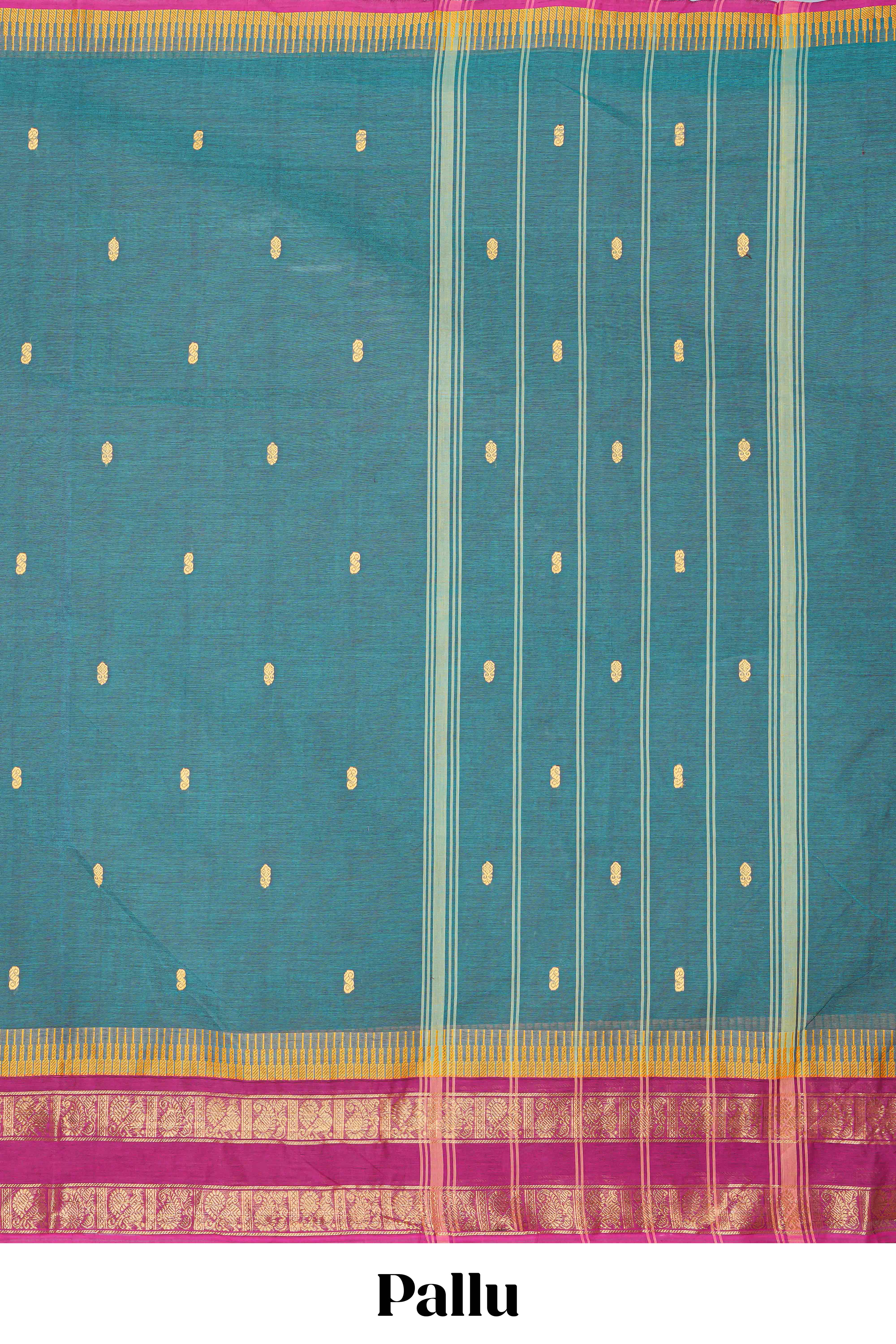 Green thread butta chettinad cotton saree with contrast bentex border and matching striped pallu