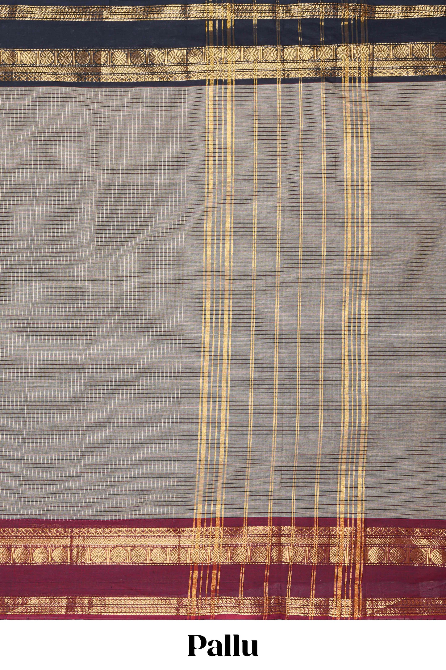 Brown checked chettinad cotton saree with contrast border and matching striped pallu